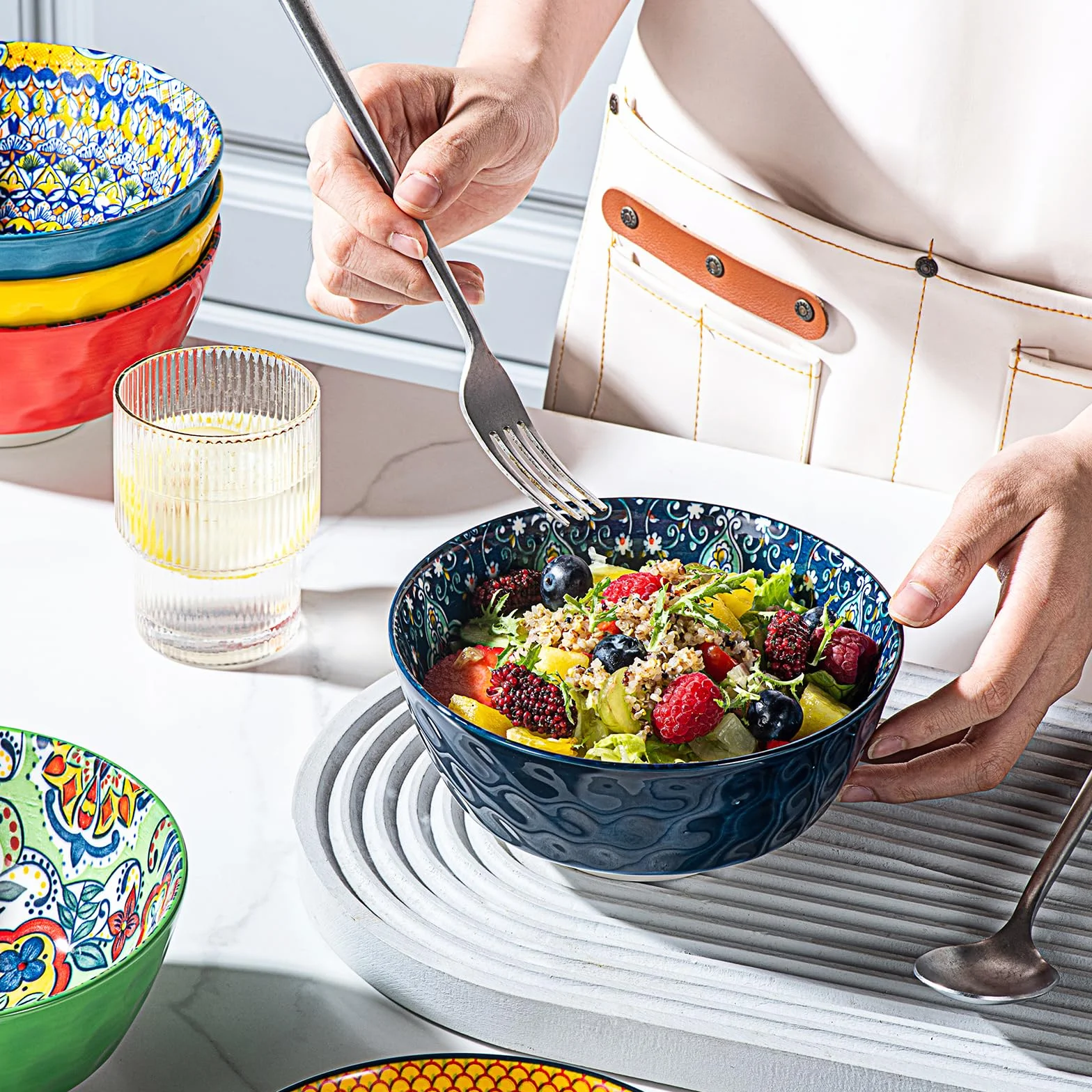 HENXFEN LEAD miseczki deserowe, miska do zupy 750 ml, porcelanowa miska sałatkowa, ceramiczna na lody, ryż, deser itp. Kolorowa, opakowanie 6 sztuk - styl bohemski