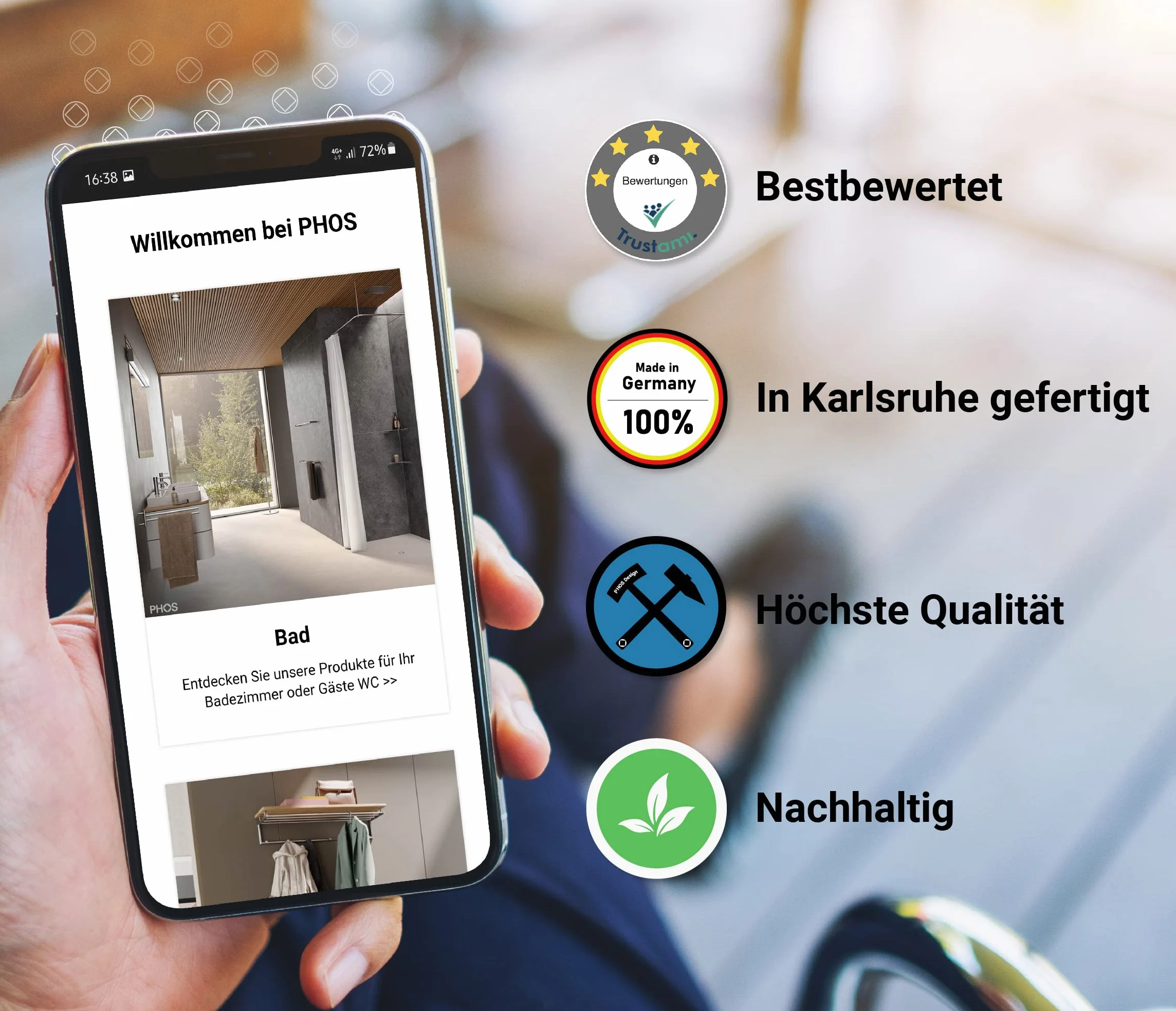 PHOS Edelstahl Design, SPH18-30 zestaw, uchwyt na lusterko, 4 pojedyncze uchwyty na lusterko, stal nierdzewna lita, ręcznie szlifowana, również do uchwytów szklanych o grubości do 8 mm