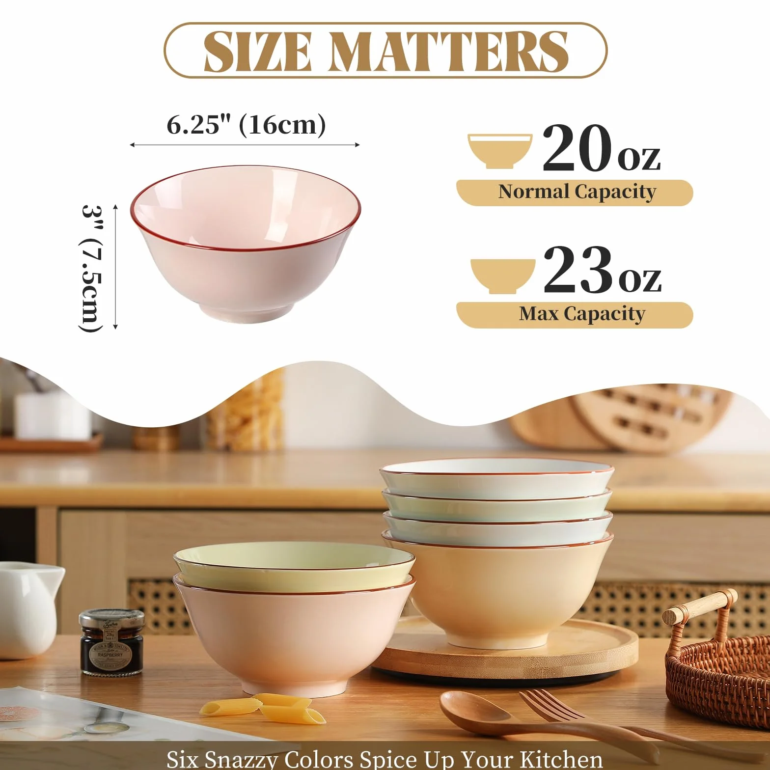 Miski śniadaniowe Ceramiczna miska na płatki śniadaniowe - Zestaw 6 kolorowych misek do zupy - Porcelanowy zestaw misek śniadaniowych - Miski kuchenne do serwowania ryżu | Sałatka | Gazpacho | Consome