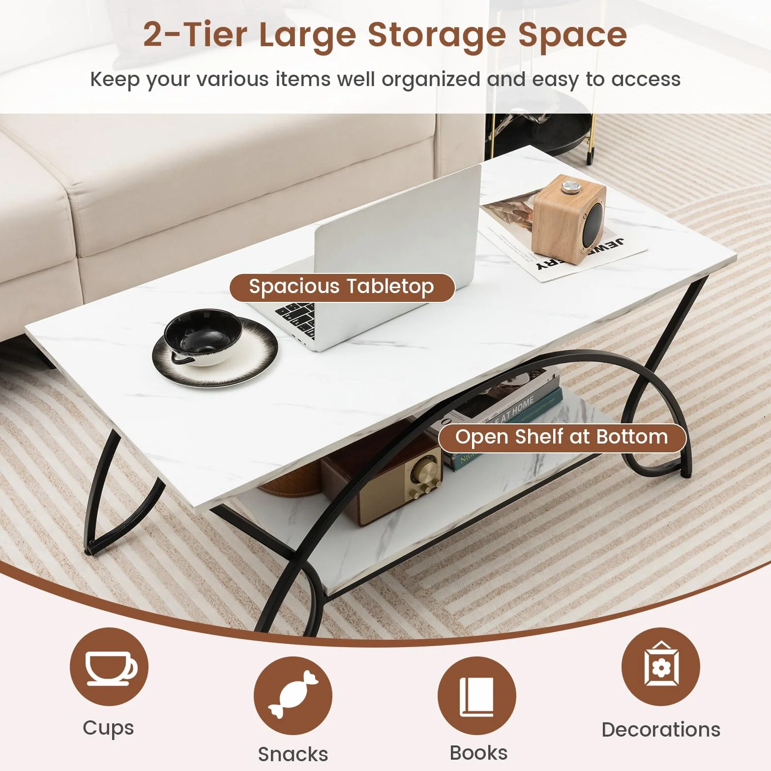 GIANTEX Stolik kawowy marmurowy czarny 100 x 50 x 45 cm metalowe nogi 2 półki