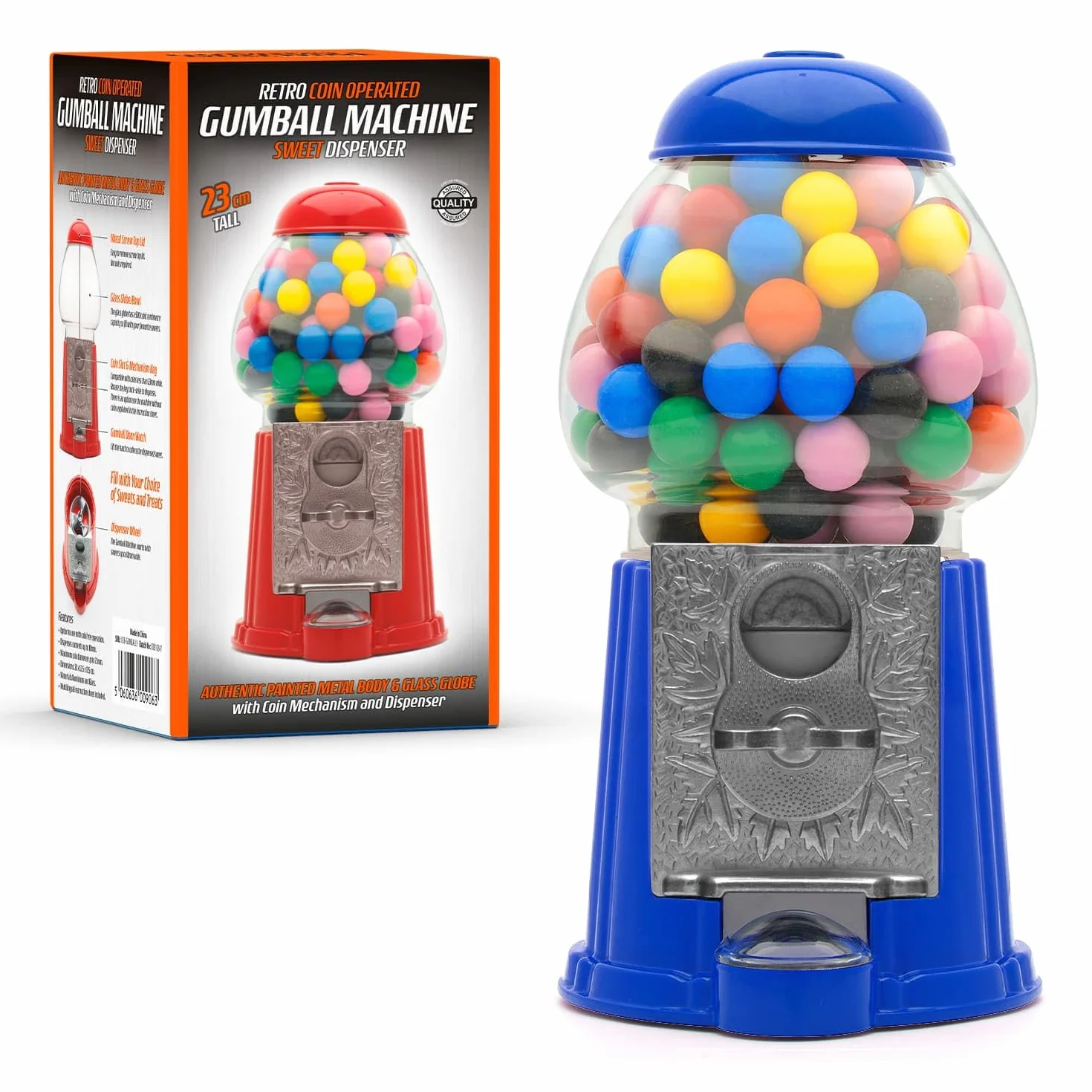 CKB LTD Gumball maszyna retro dozownik słodyczy do przechowywania skarbonki skarbonka na monety oszczędność wys. 23 cm (rozmiar S 23 x 12,5 x 11,5 cm) (niebieski)
