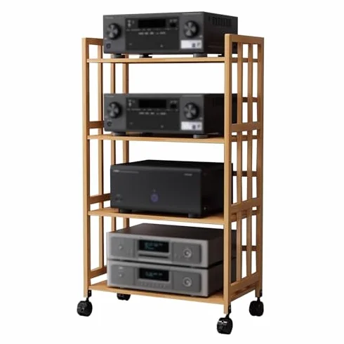 4-poziomowa szafka stereo z kółkami – AV Media Tower stojak na audio do kina domowego i stojak do przechowywania płyt CD dla optymalnych domowych systemów stereo, rozrywki