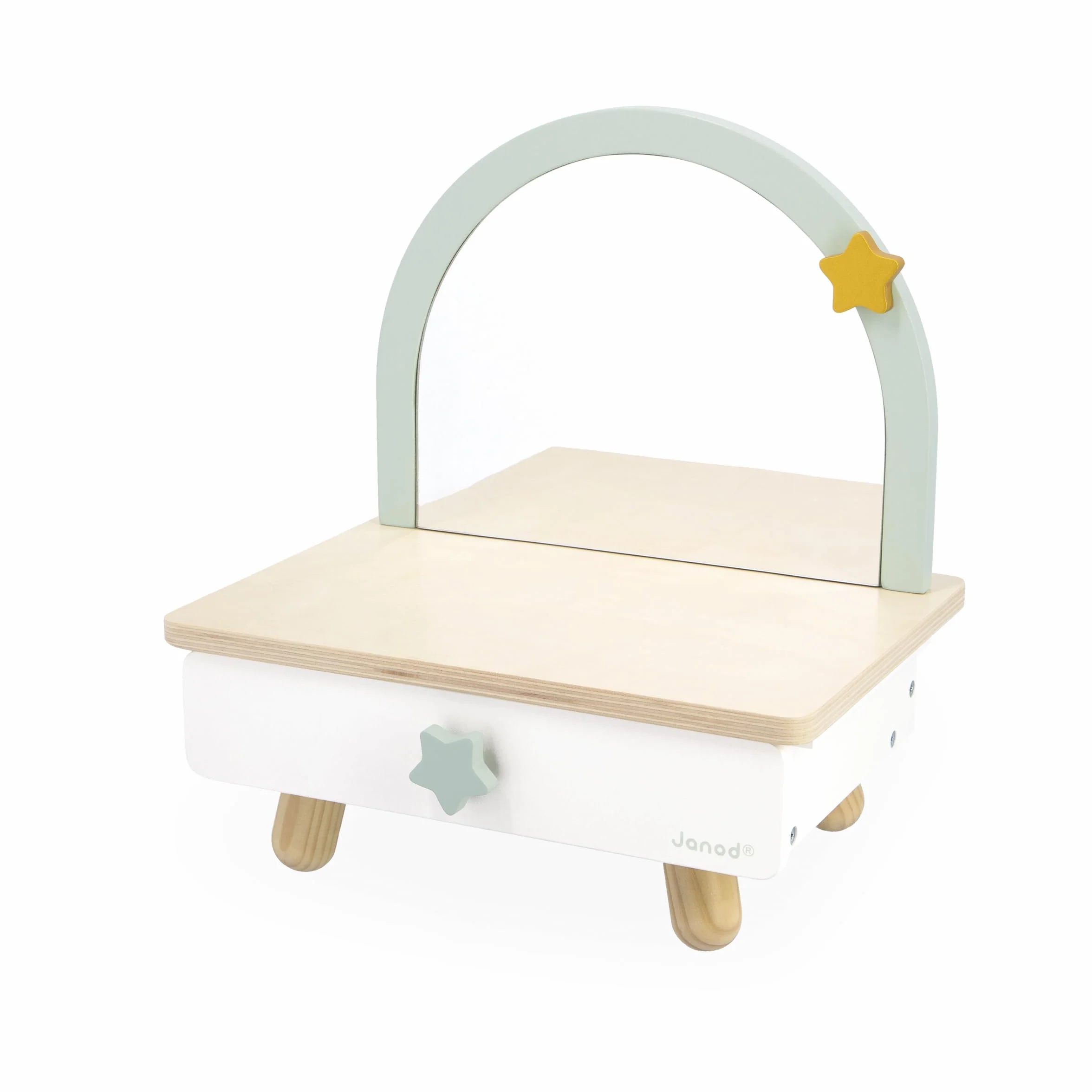 Janod - Drewniana toaletka kosmetyczna dla dzieci na stole - szuflada, lustro i 7 akcesoriów - motyw jednorożca - wysokość 33 cm - atrapa makijażu - od 3 lat - J06463