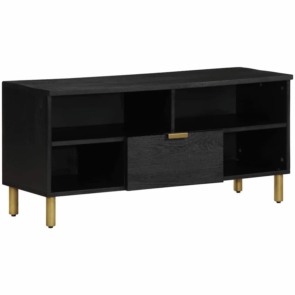 Szafka TV czarna, 100 x 33 x 46 cm, materiał drewnopochodny, z metalowymi uchwytami, dużo miejsca do przechowywania urządzeń TV, salonu i sypialni, konsola medialna
