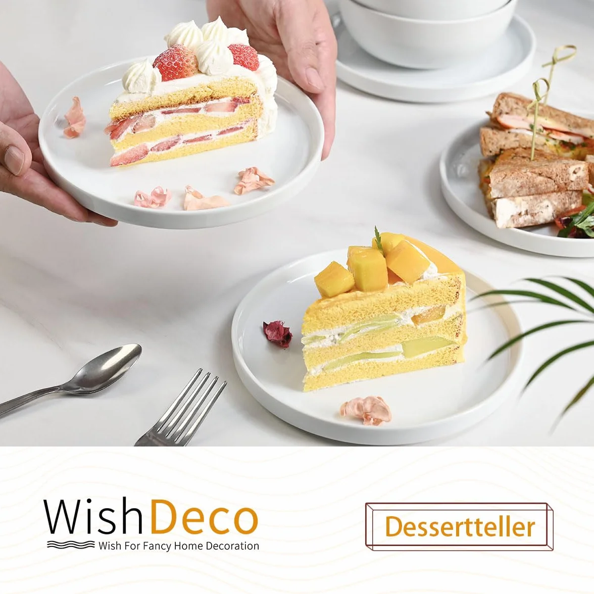 WishDeco Zestaw 6 talerzy deserowych, biała porcelanowa talerz 18 cm, mały okrągły talerz z krawędzią, naczynia ceramiczne na ciasto, chleb, sałatkę, makaron, owoce