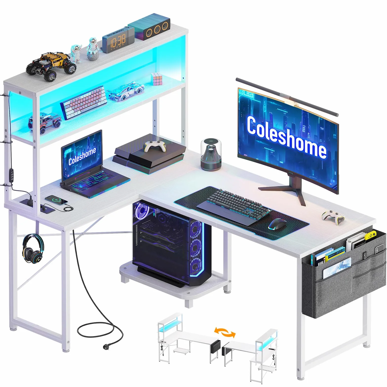 Coleshome Stolik gamingowy w kształcie litery L z LED i gniazdami elektrycznymi, 110 × 80 cm Odwracalny stolik gamingowy z półkami do przechowywania, narożne biurko z torbą do przechowywania do