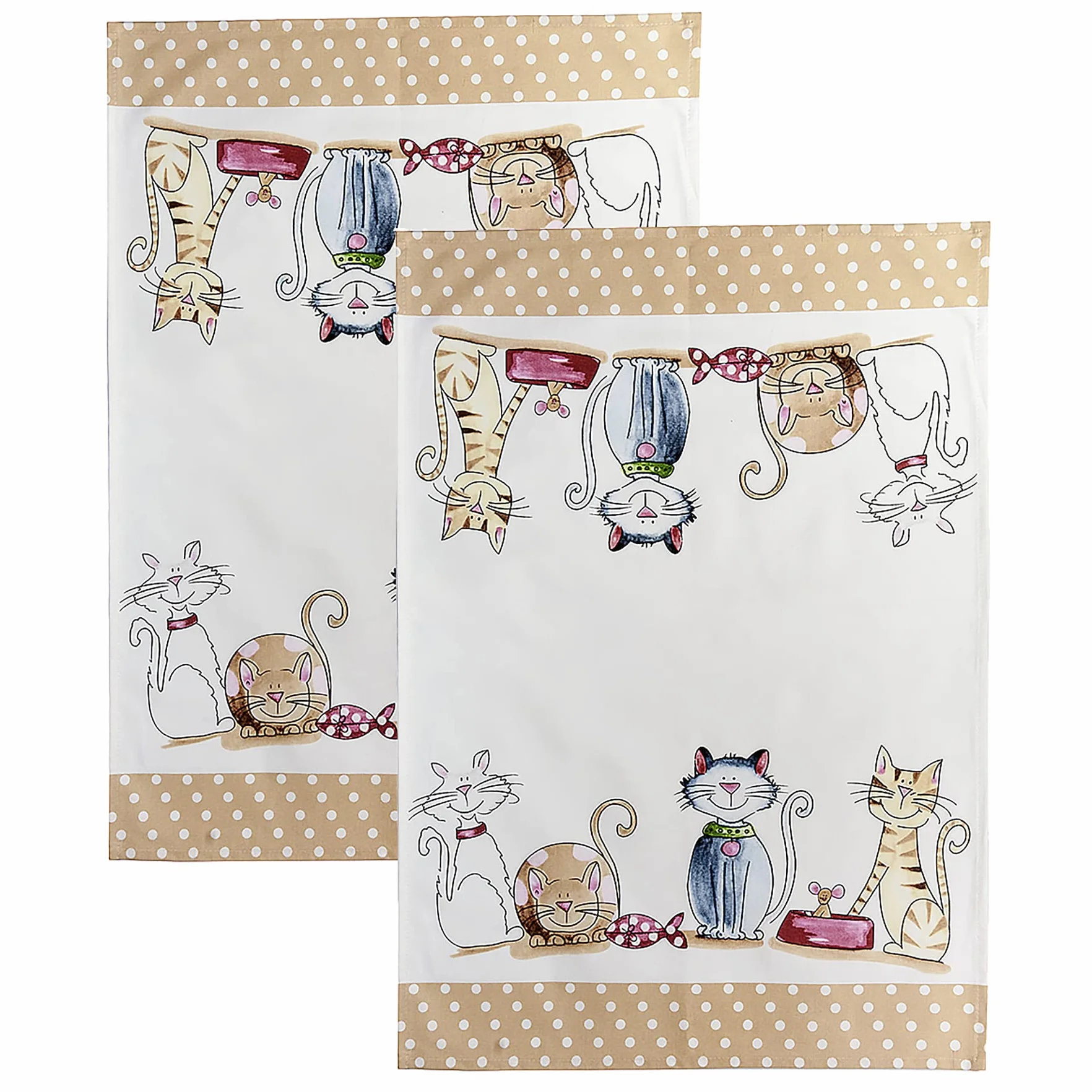 SPOTTED DOG GIFT COMPANY Zestaw 2 ręczników kuchennych z uroczym kotem z nadrukiem, 100% chłonna jakość bawełny, pomysł na prezent dla miłośników kotów 50 x 70 cm