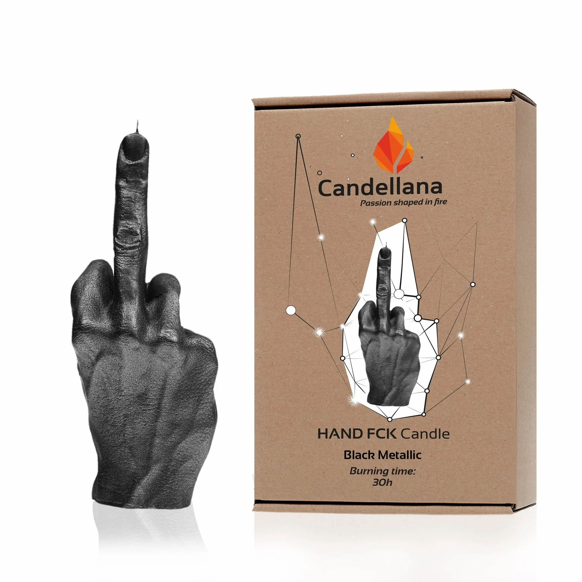 Candellana Świeca w kształcie środkowego palca | FCK | Wysokość: 20 cm | Schwarz Metalisch | Czas palenia 30h | W rozmiarze realnej dłoni | Ręczna produkcja w UE
