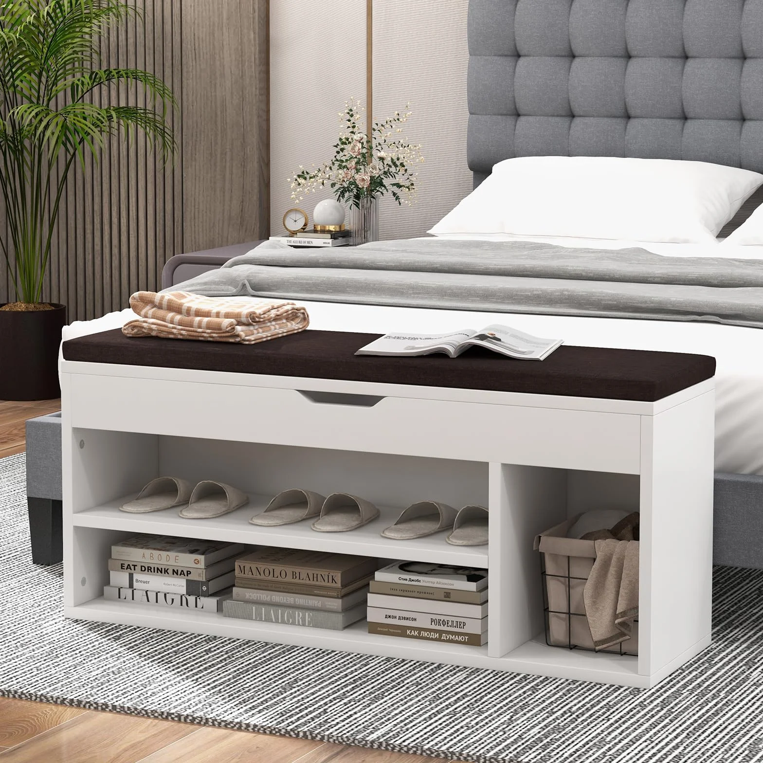 COSTWAY Ławka na buty z siedziskiem i miejscem do przechowywania, 104 x 30 x 48 cm, regał garderobiany, regał na buty, składana szafka na buty, ławka ze stojakiem, poduszka do siedzenia (biały)