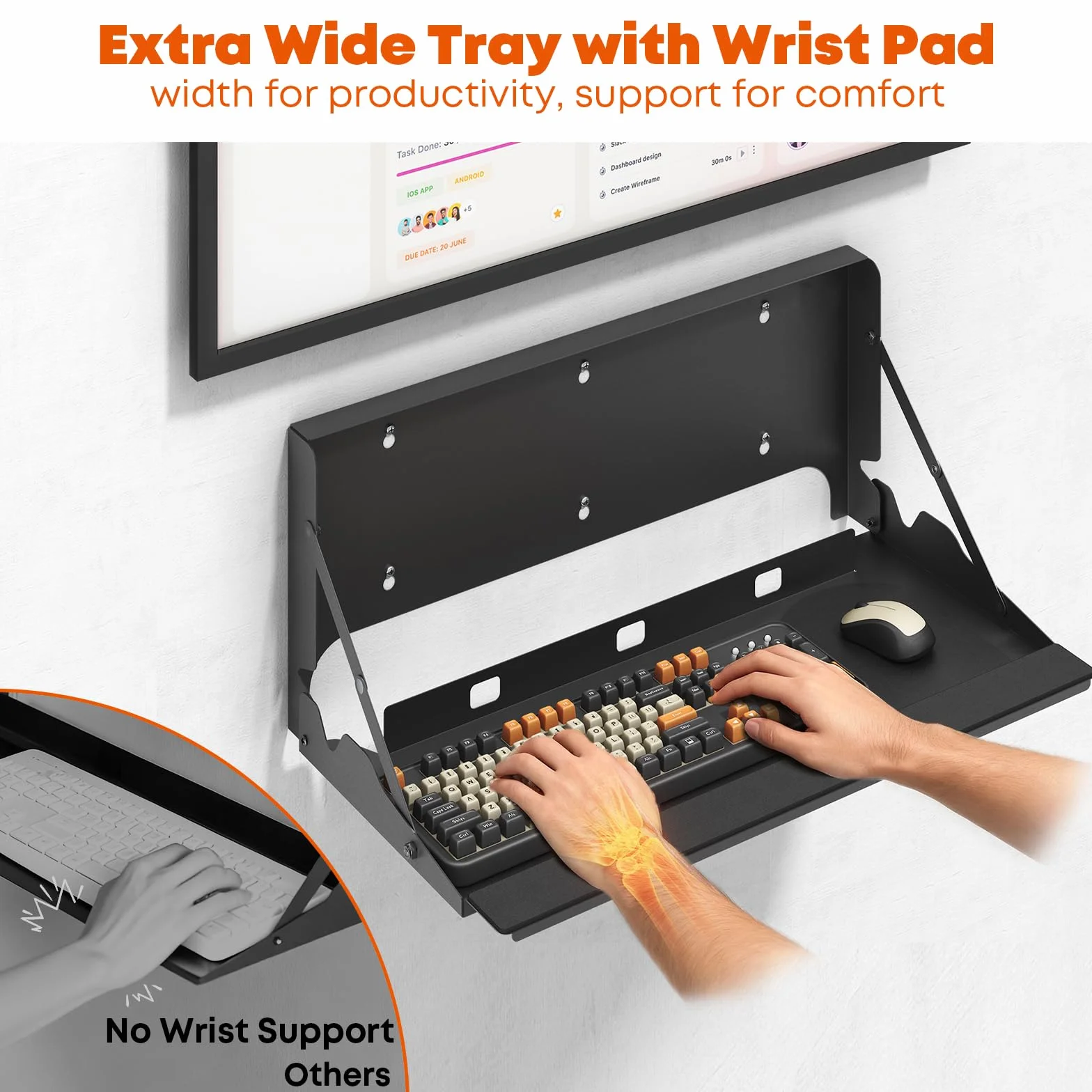 Uchwyt ścienny z dużą tacą na klawiaturę, 10 kg, składana platforma, pasuje do standardowych klawiatur i myszy, ergonomiczna podkładka pod mysz w zestawie