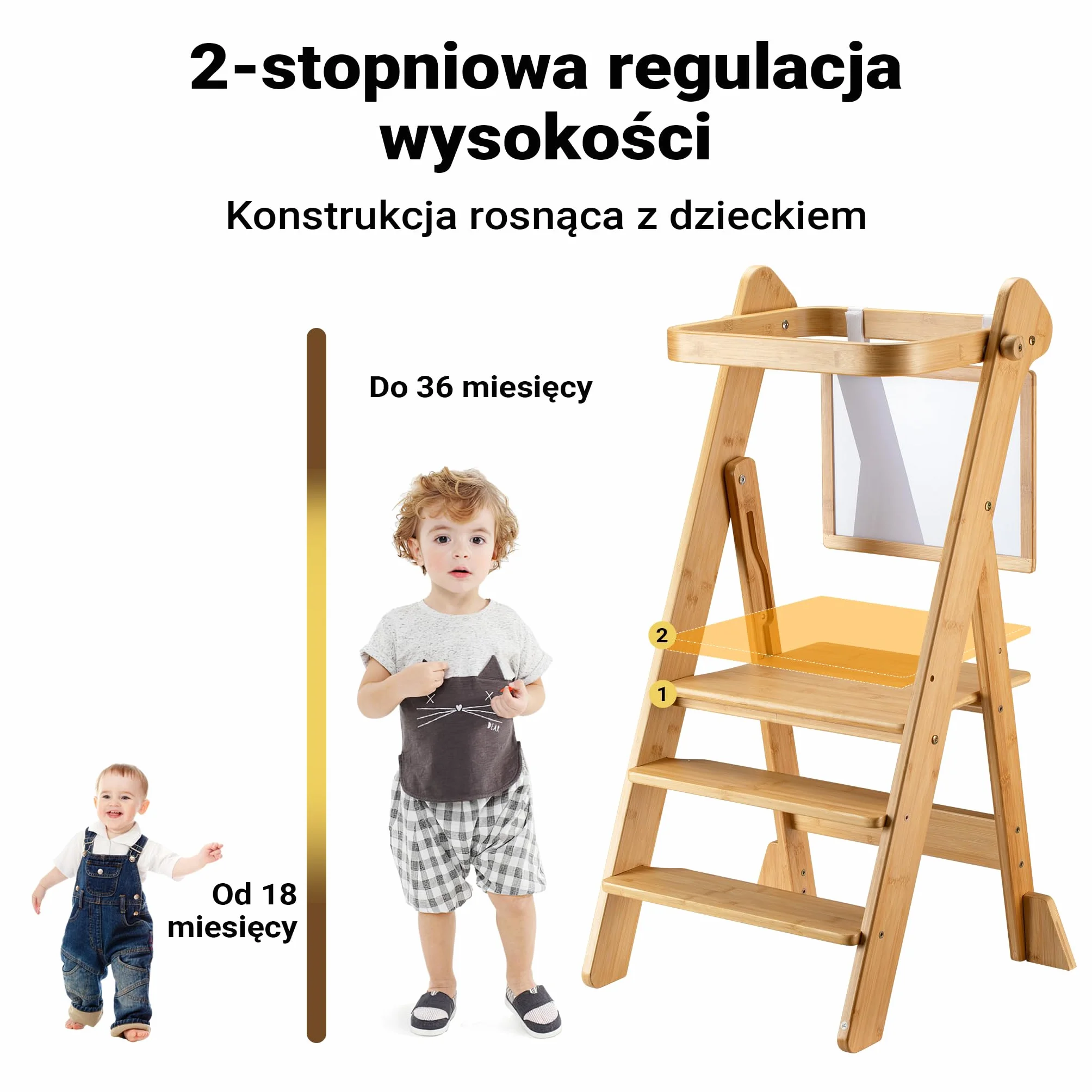 Wiltec Kichten helper składany 43 x 48 x 91 cm cm z bambusa, pomocnik kuchenny dla dzieci z regulacją wysokości, wieża edukacyjna z barierką ochronną