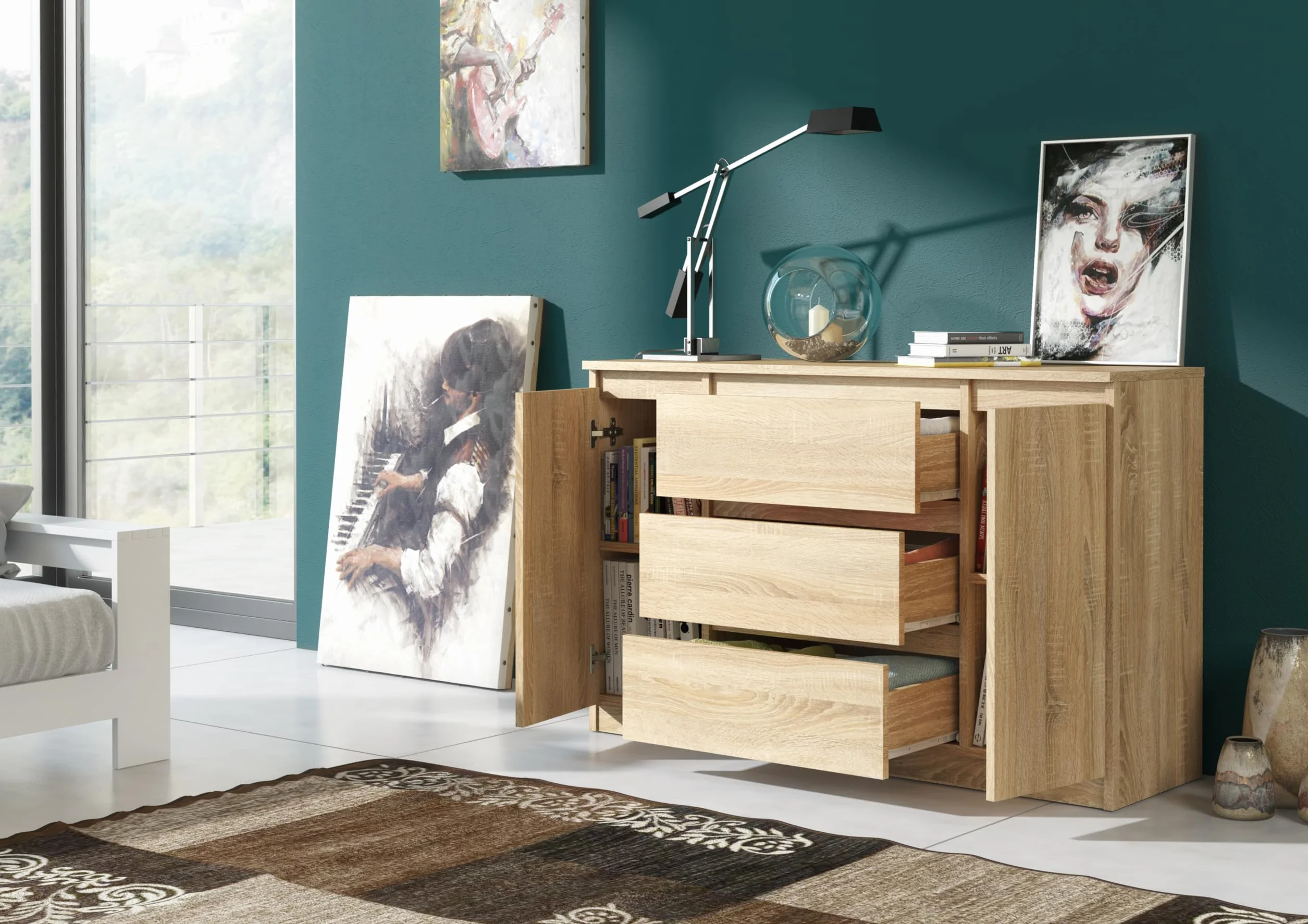 meble masztalerz Komoda Dąb Sonoma Mat z 3 szufladami i 2 drzwiami - 120,4x78,2x39 cm - Komoda do salonu, sypialni - Szafka z szufladami - Komoda z szufladami - 120 cm