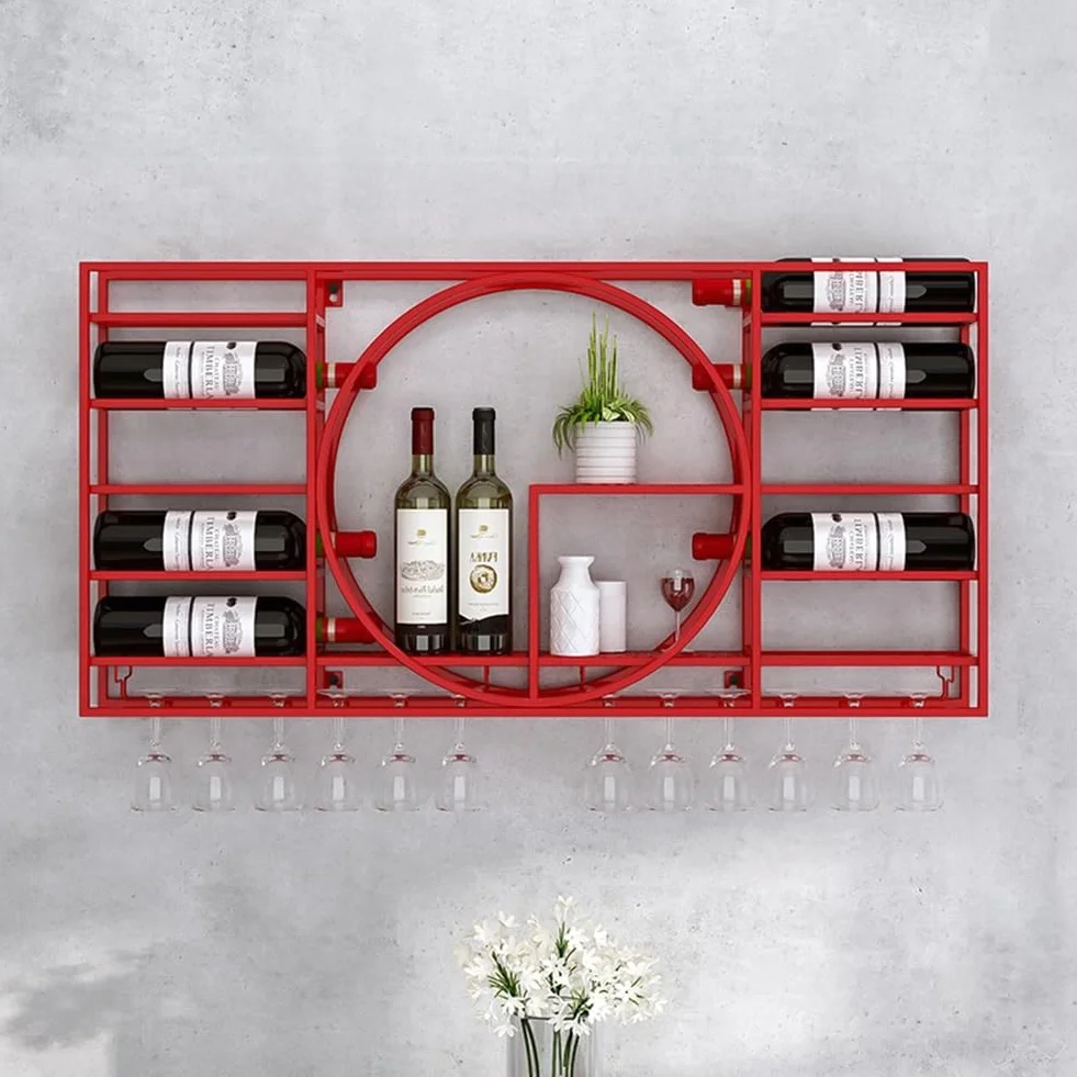 Metalowy stojak na wino montowany na ścianie do kuchni nowoczesna półka na butelki i szkło nizer z pływającymi półkami akcesoria barowe jednostka do przechowywania (kolor: Rosso Rozmiar: 110 x 10,9 x