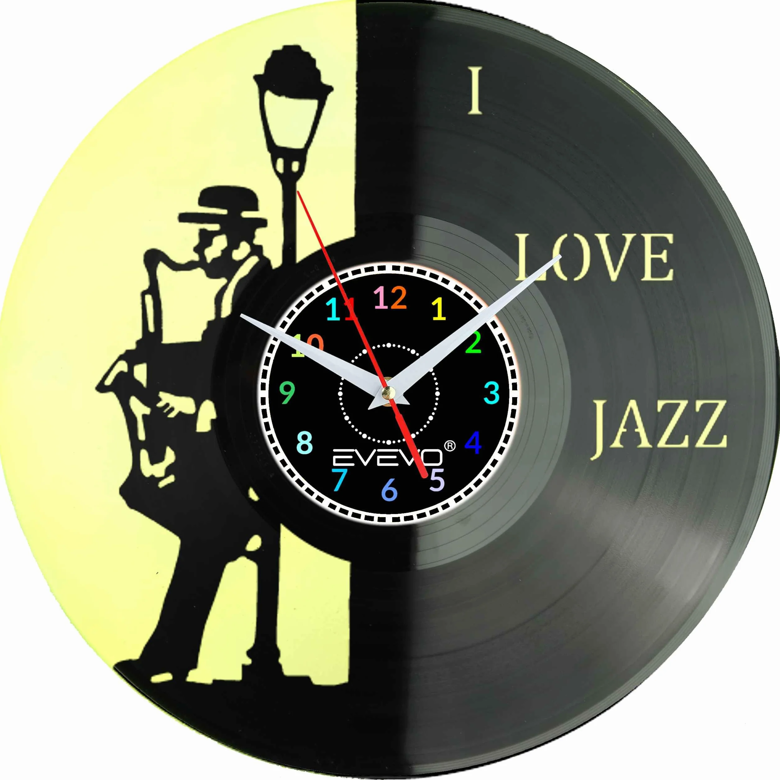 ZEGAR ŚCIENNY LOVE JAZZ MUZYKA SAKSOFON FLUORESCENCYJNE TŁO PŁYTA WINYLOWA PREZENT UPOMINEK GIFT SOUVENIR EVEVO F0077