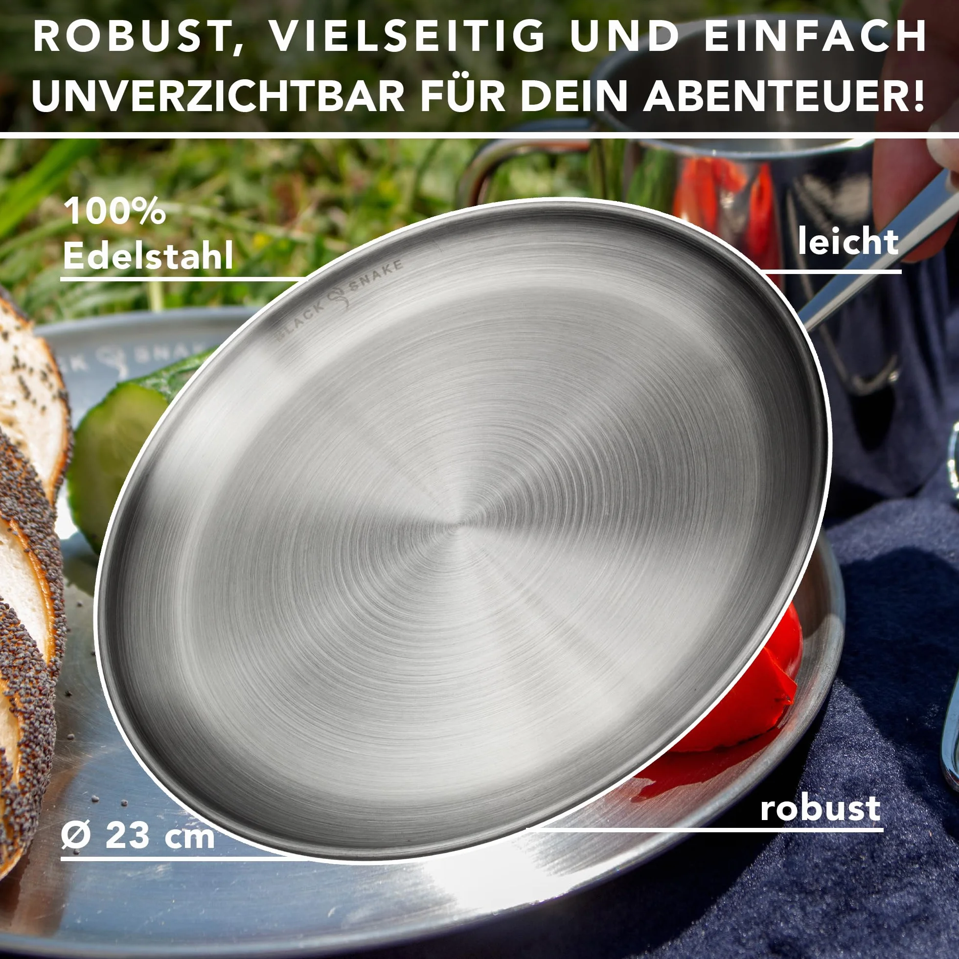 Black Snake Talerze kempingowe ze stali nierdzewnej, Ø 23 cm, zestaw 4 sztuk, srebrne | Płaskie talerze outdoorowe, na piknik, trekking i podróże, wytrzymałe, nierdzewne, łatwe w pielęgnacji