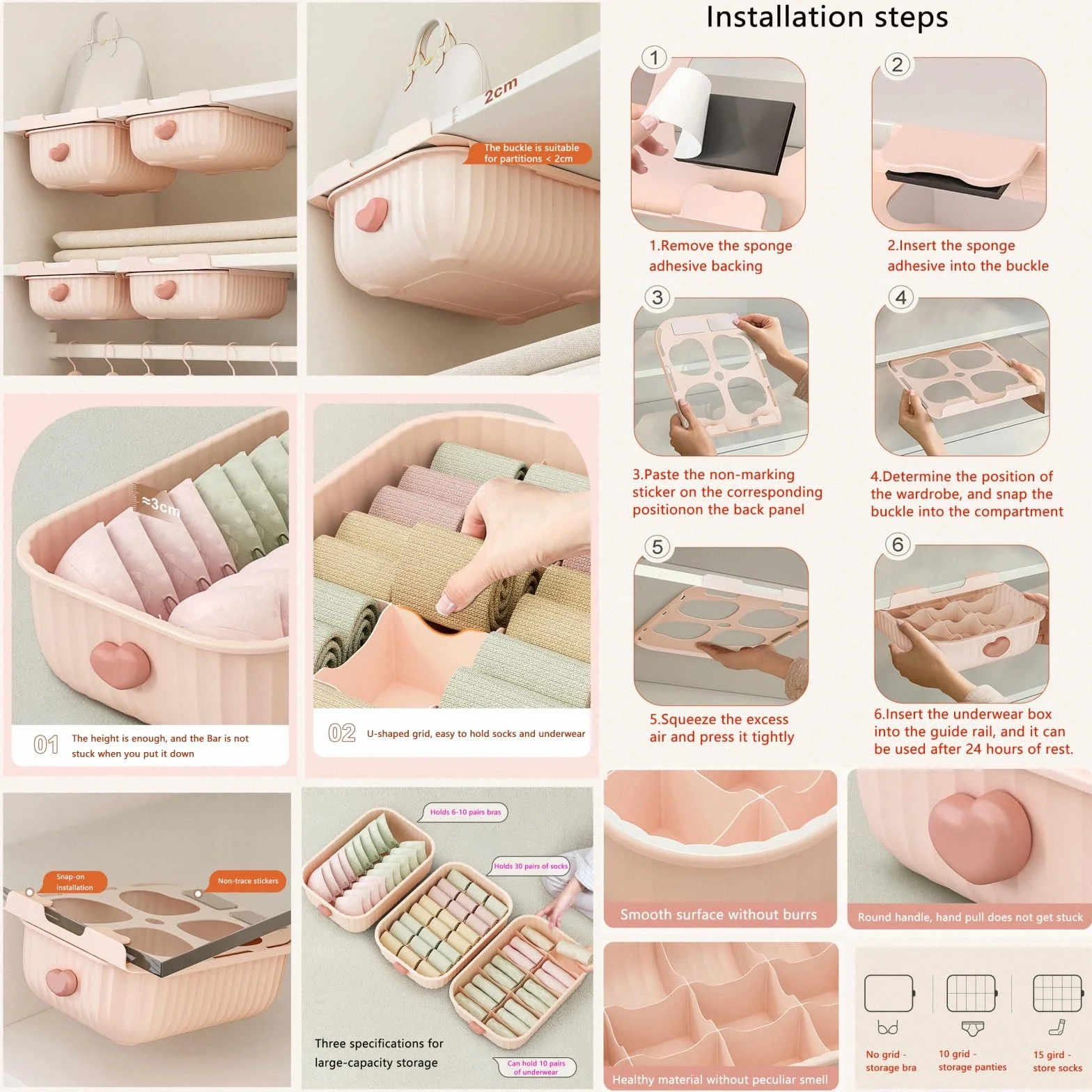 szuflada pod biurkiem, Organizer na biustonosze, majtki, skarpetki, szuflada ubrania, domowe, różowa 4, rozmiar(Pink1)