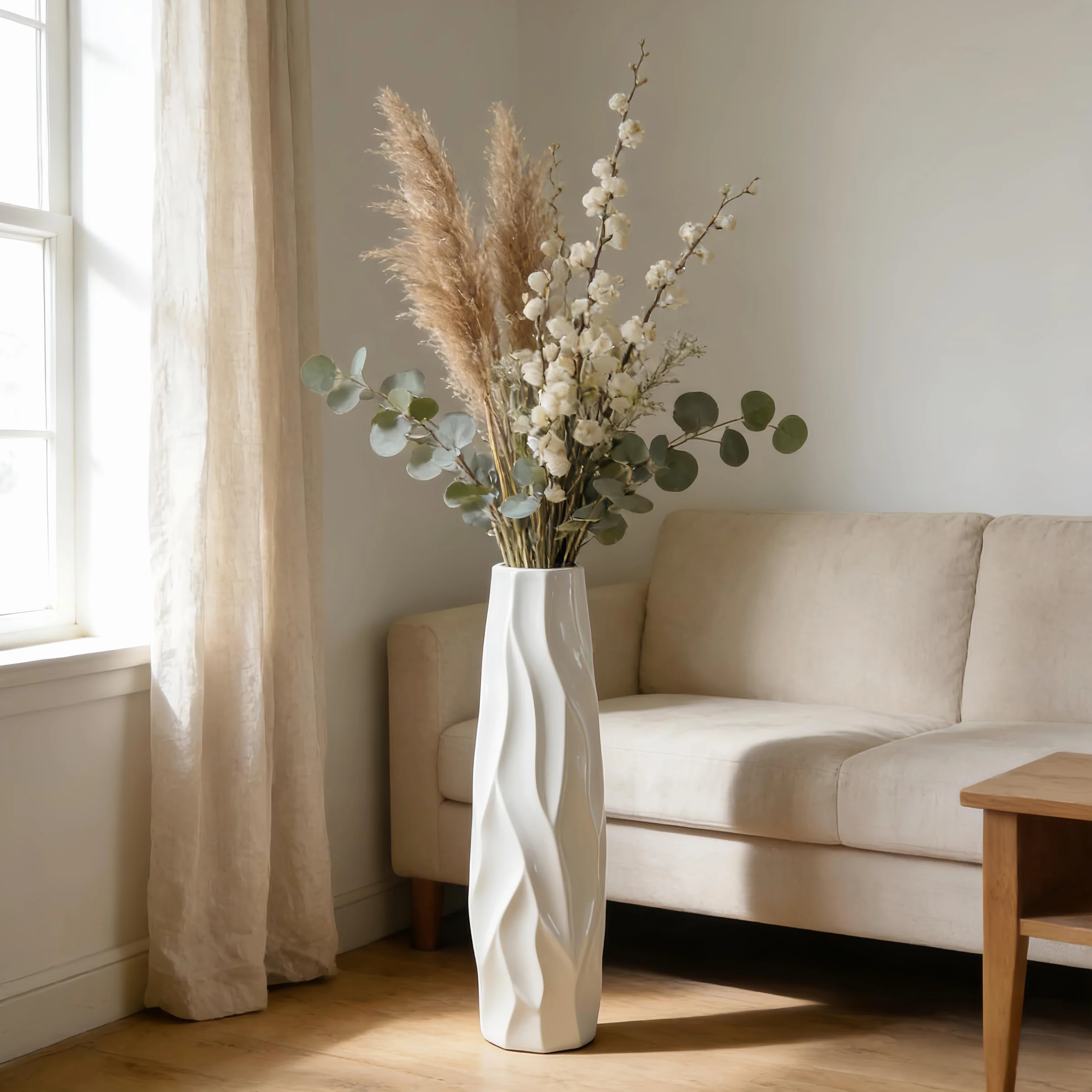 Duży biały wazon ceramiczny, 60 cm, dekoracyjny wazon podłogowy do salonu, biura i sypialni, stylowy wazon na kwiaty na trawę pampasową