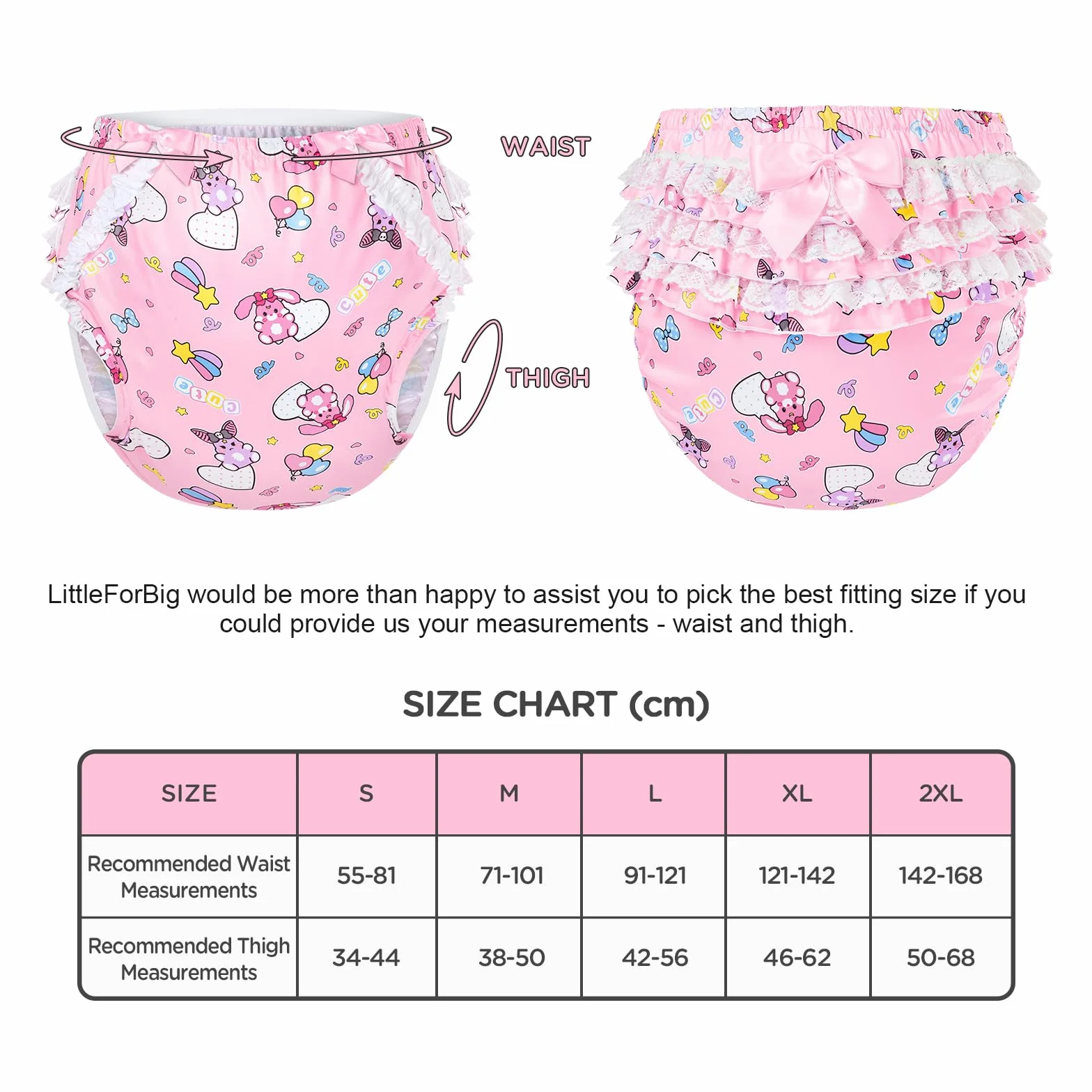 LittleForBig Jedwabista, nadaje się do prania, wodoszczelna, z koronką, śliczna kokardka, wzór Baby Usagi & Bella, różowa, rozmiar M