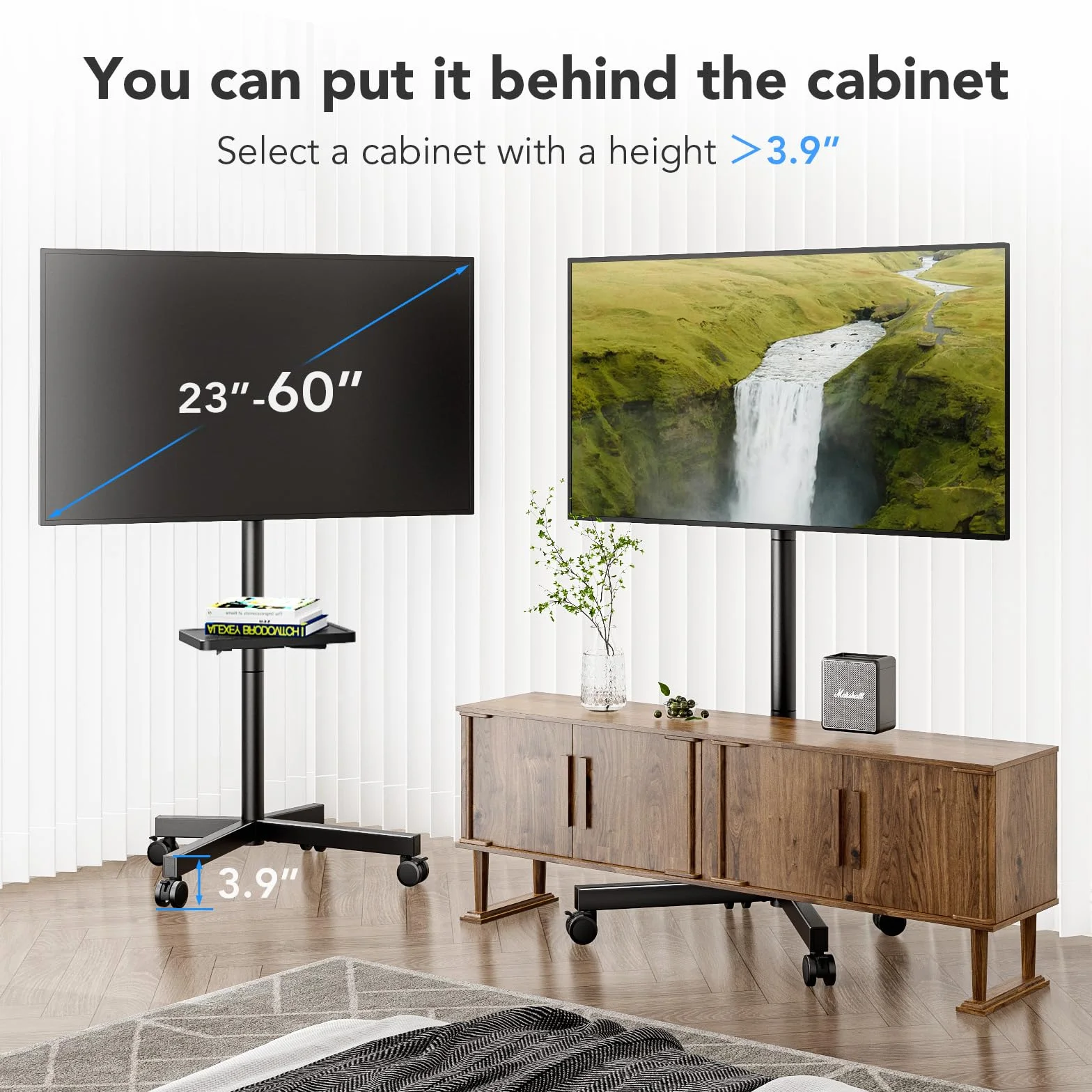 AX WABER Mobilny stojak na telewizor na kółkach, do 23-60-calowych telewizorów LCD LED z płaskim i zakrzywionym ekranem, wózek na telewizor mieści do 40 kg, przenośny stojak z półką na laptopa
