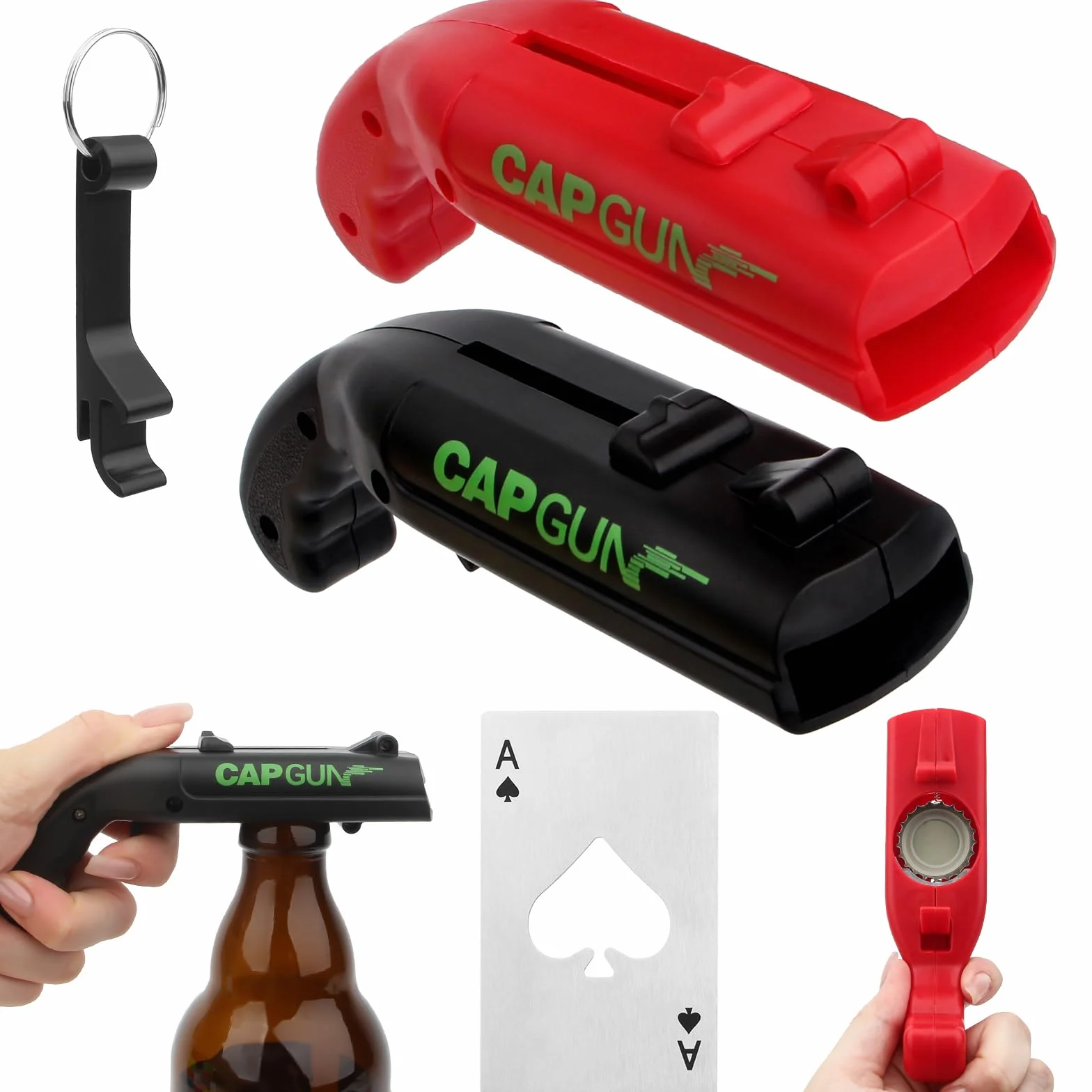 2 sztuki Cap Gun z breloczkiem do kluczy i otwieraczem do pokera, otwieracz do butelek, zabawny pistolet na kapsle na urodziny, Boże Narodzenie, do domu, baru, na imprezę, gadżety dla mężczyzn