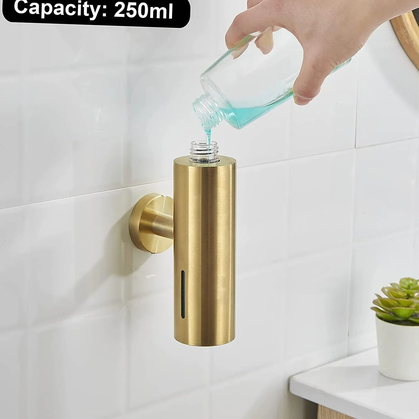 Pojedynczy dozownik mydła 250 ml, łazienkowy naścienny dozownik żelu pod prysznic, szamponu i odżywki, do domu, hotelu, restauracji (stal nierdzewna, szczotkowane złoto, okrągły) (szczotkowane złoto)