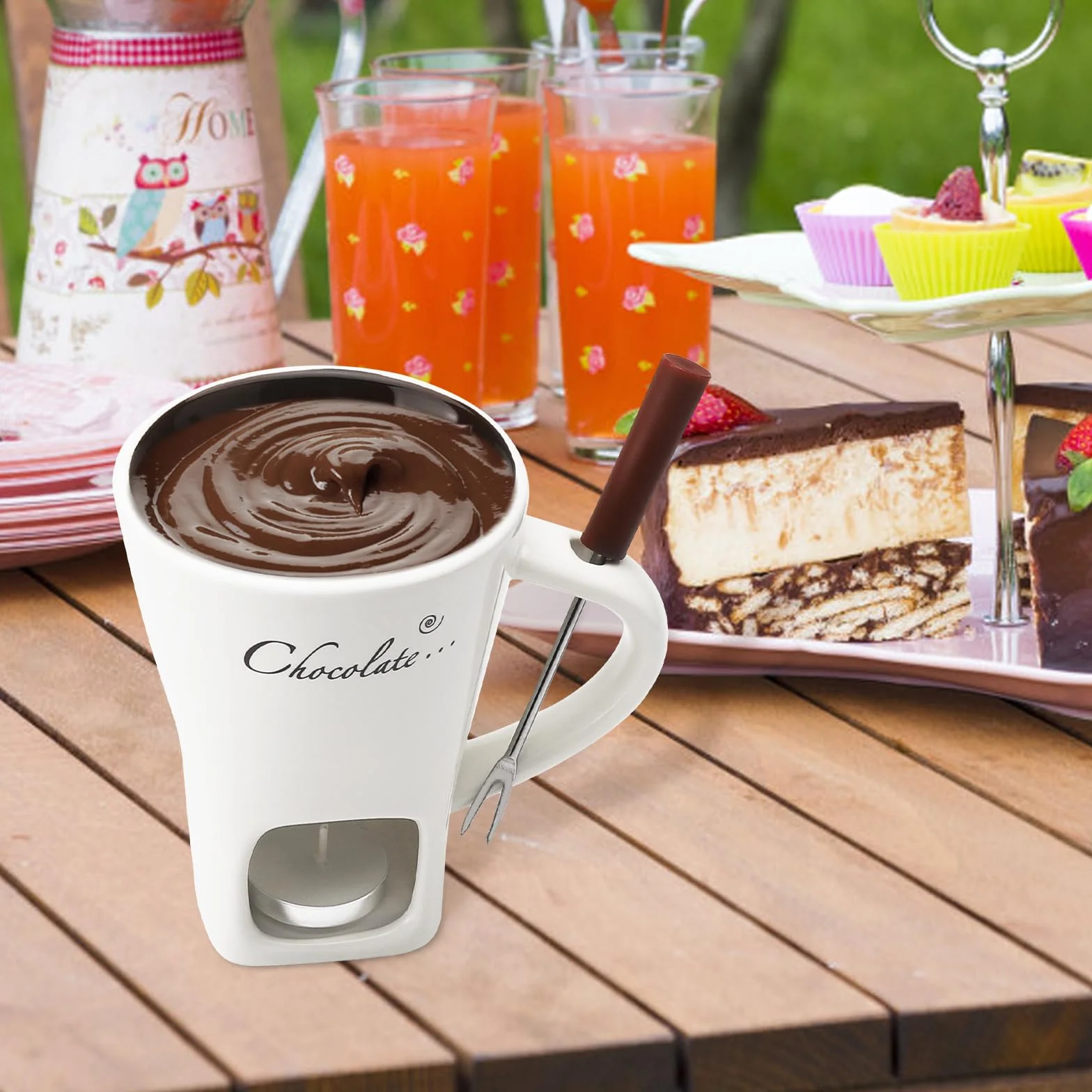 Filiżanka do fondue czekoladowego z widelcami, 200 ml, ceramiczny zestaw do czekoladowego fondue, kubek do topienia czekolady, zestaw do fondue z widelcem i podgrzewaczem, do sera, czekolady, masła