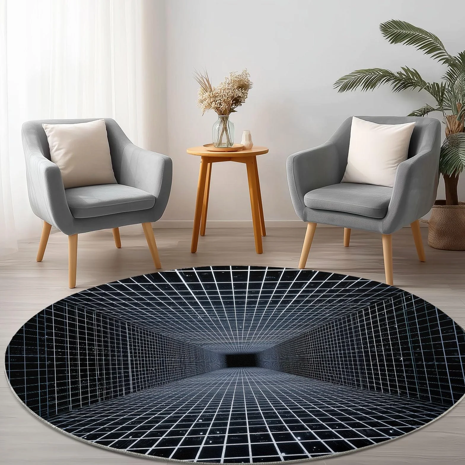 Wewnętrzny okrągły dywan 220 cm geometryczny czarny biały klocki w paski, dywan do salonu nadający się do prania abstrakcyjna przestrzeń - nowoczesny miękki antypoślizgowy dywan do sypialni pokoju