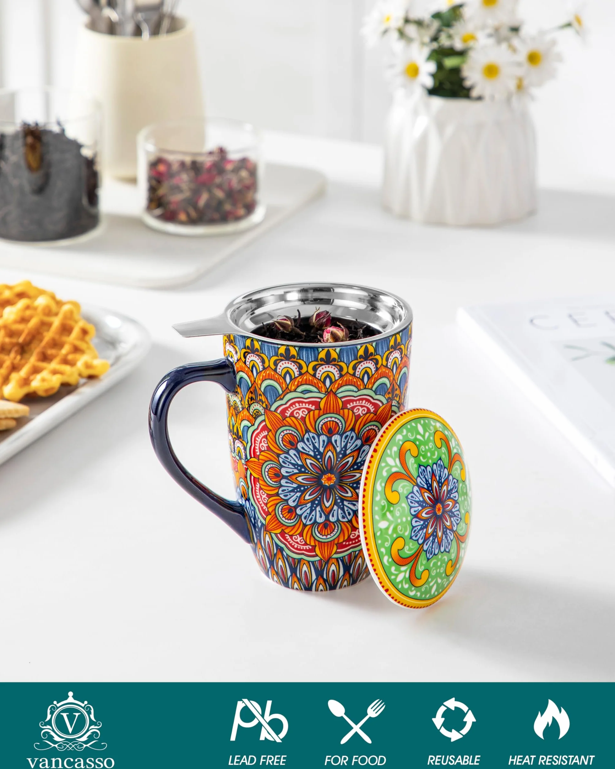 vancasso Filiżanka do herbaty z pokrywką i sitkiem, 540 ml, ceramiczna filiżanka do herbaty, duża, piękna filiżanka z sitkiem, na herbatę sypką, nadaje się do mycia w zmywarce i używania w kuchence