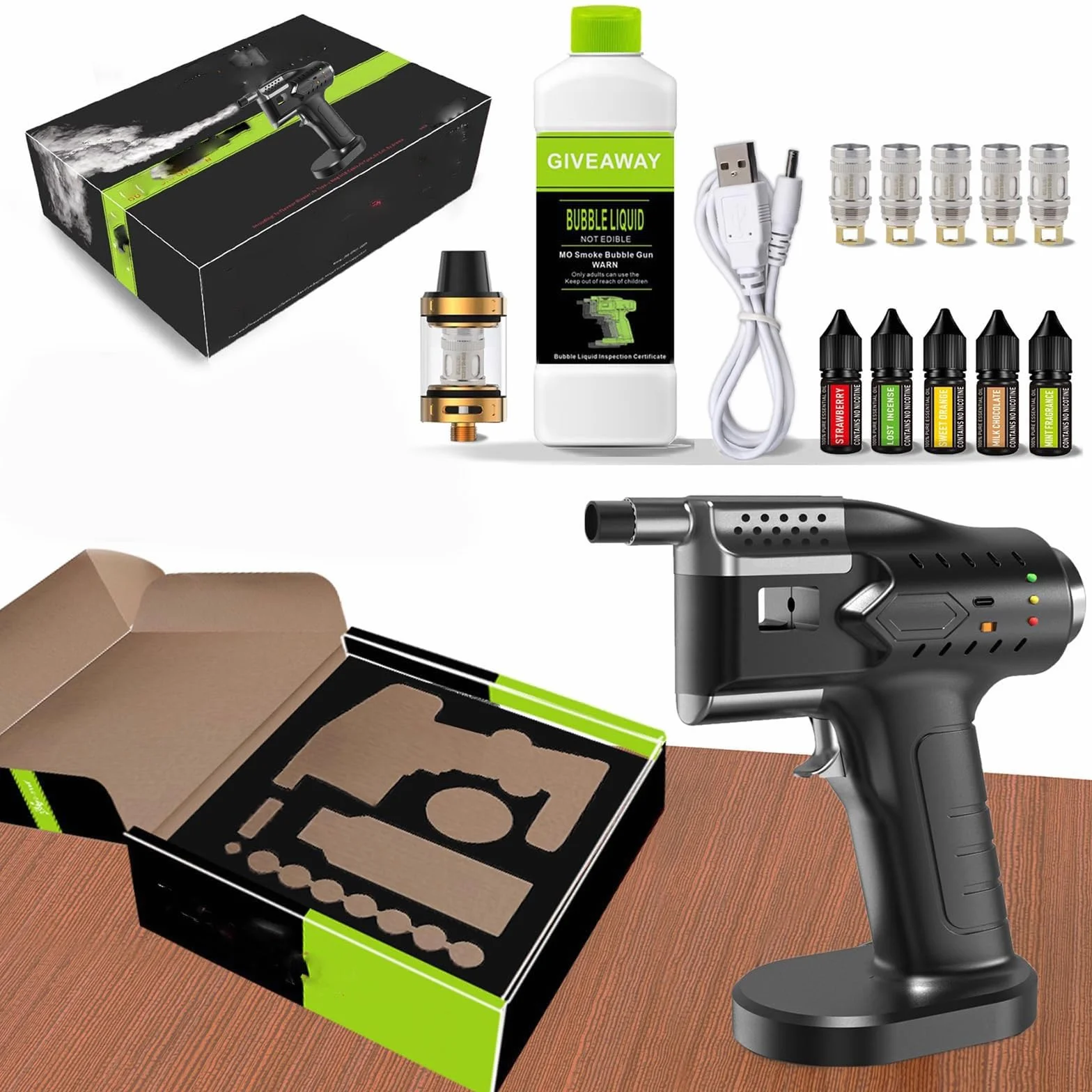Spieniacz koktajlowy, generator dymu, przenośny pistolet do baniek dymnych, ładowanie USB, do napojów