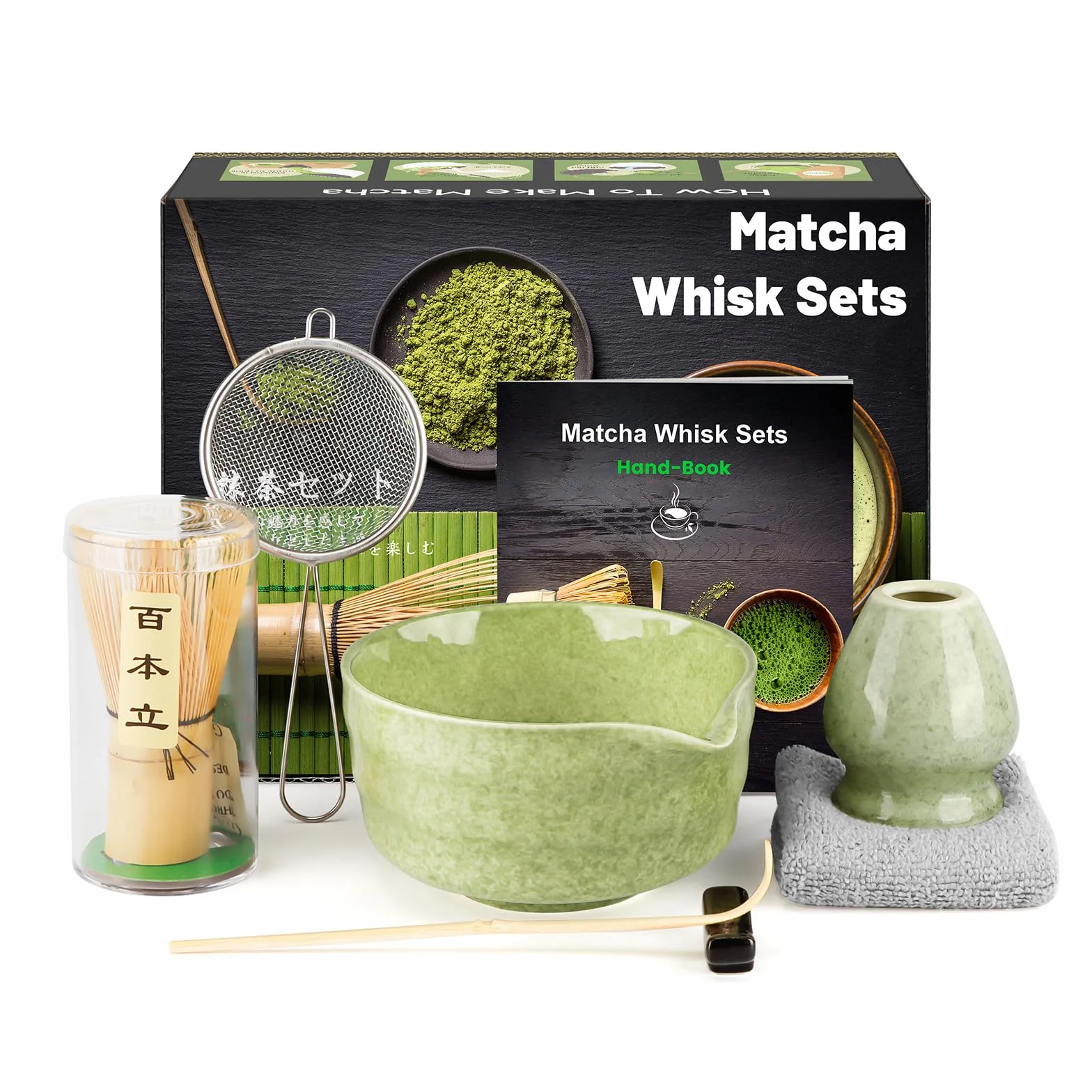 7-częściowy zestaw Matcha, mieszadło z bambusowe, miseczka, naturalna bambusowa szpatułka, sitko, ściereczka, łyżeczka, podstawka pod łyżeczkę, tradycyjna japońska ceremony herbata najlepszy prezent