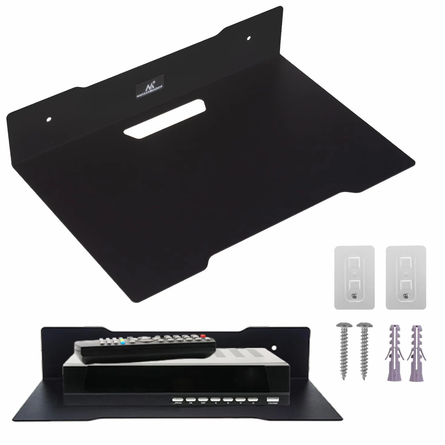 Maclean MC-122 Czarna stalowa półka ścienna, 300 x 205 mm, kompaktowy uchwyt 5 kg na dekoder, router, czyste prowadzenie kabli, łatwy montaż na ścianie