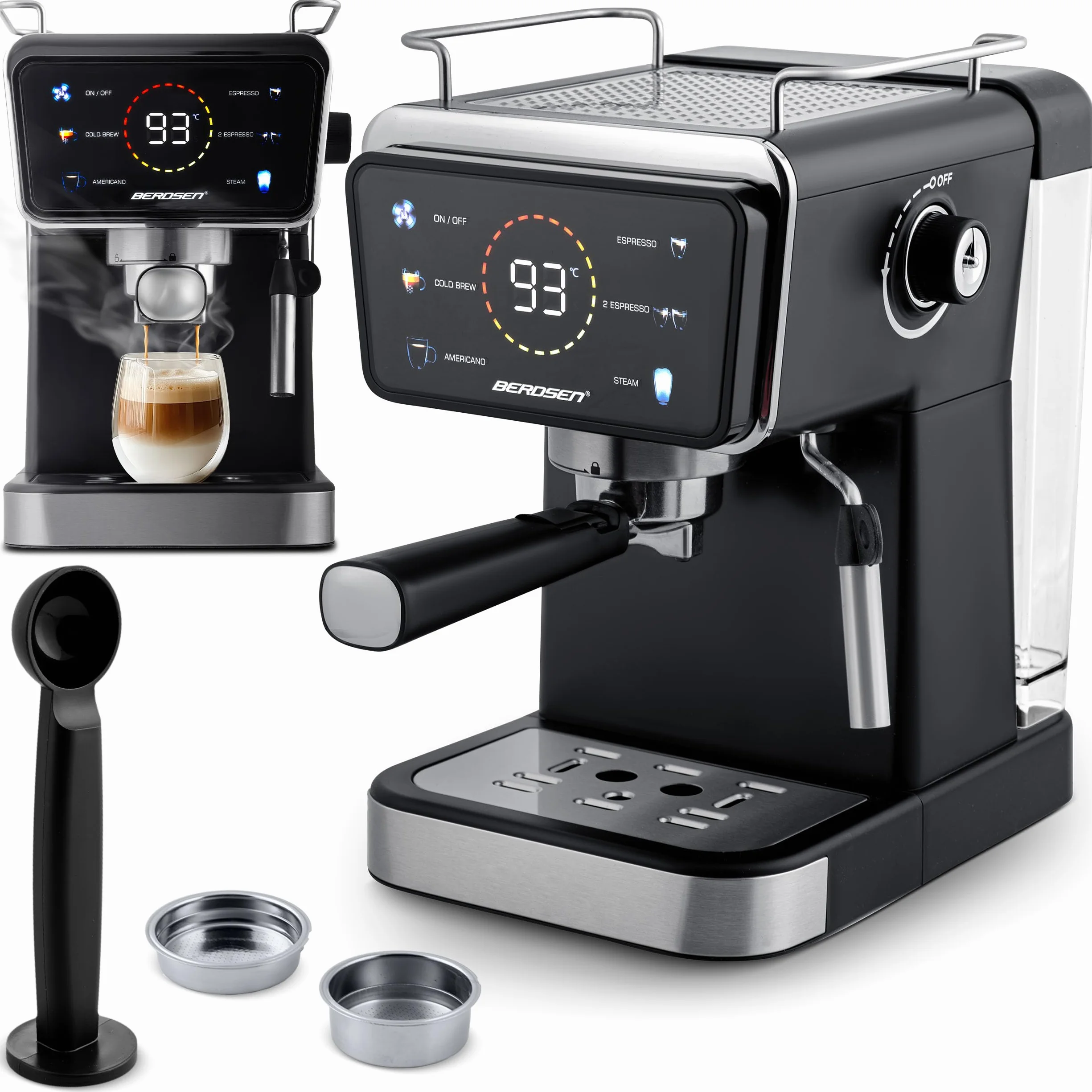 Berdsen Ekspres do Kawy - Kolbowy - 1,5 l 20 bar - Spieniacz do Mleka - 2 Filtry - Cool Espresso - Czarny