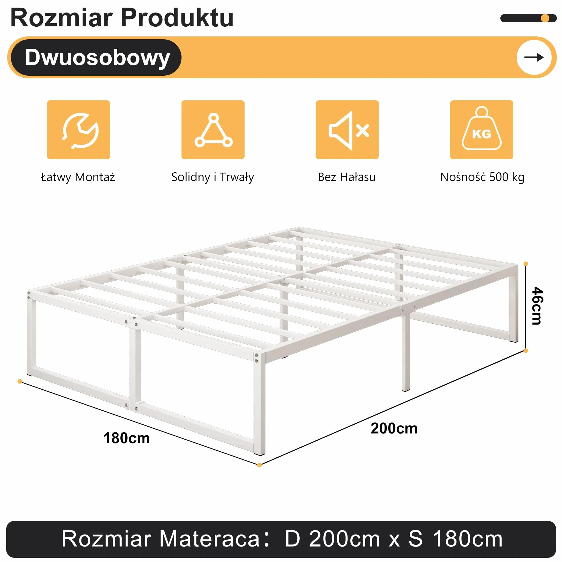 Yicensen Metalowe łóżko 180 x 200 cm – 46 cm wysokości, duża przestrzeń do przechowywania pod łóżkiem, podwójna rama łóżka z metalu ze stalową podpórką, łatwy montaż, bezgłośne, bez łóżka