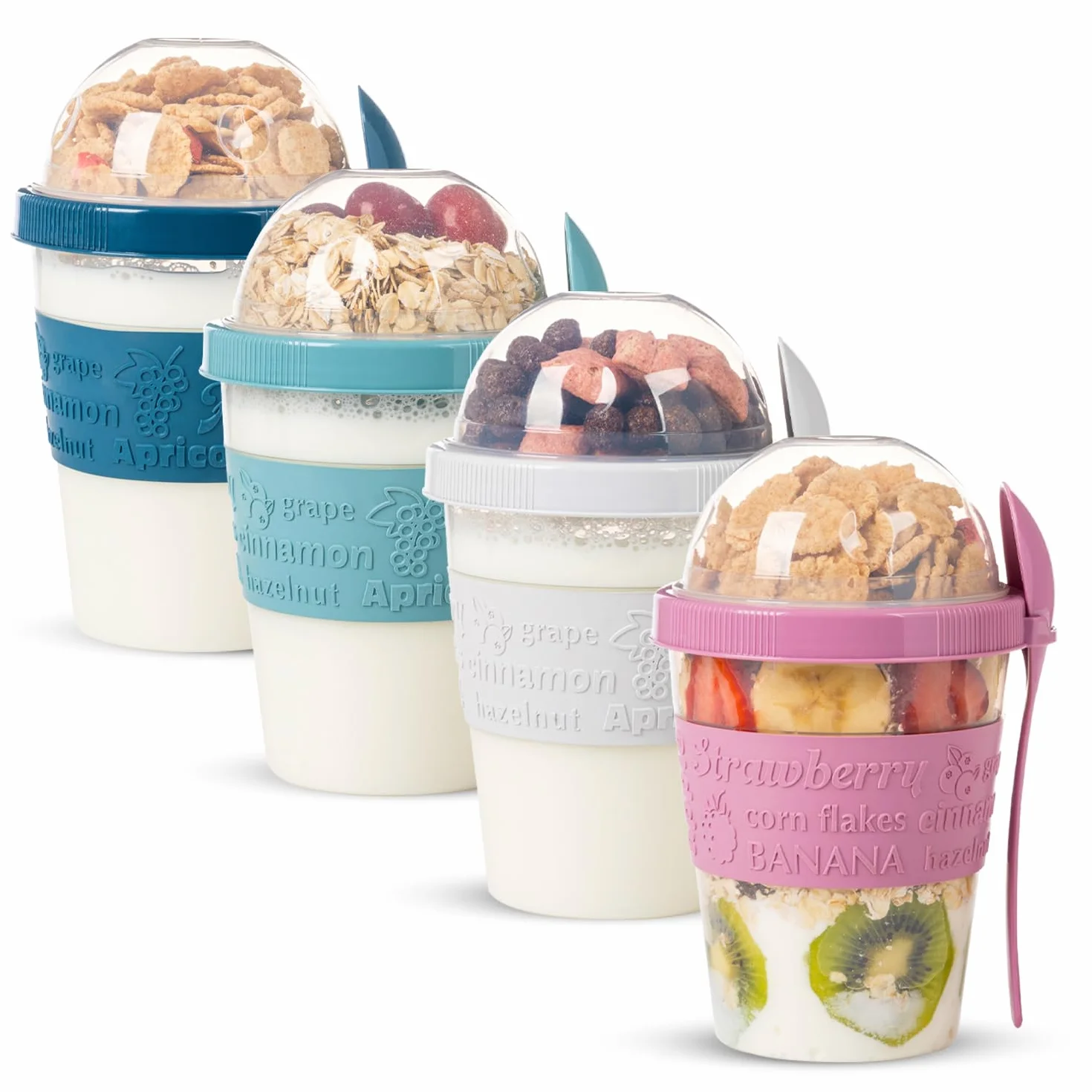 EYNEL 4-pak On The Go Kubki na jogurt i płatki śniadaniowe, pokrywki, łyżka, pojemnik na owoce, wielokrotnego użytku, parfait, dzbanek na mleko, granola