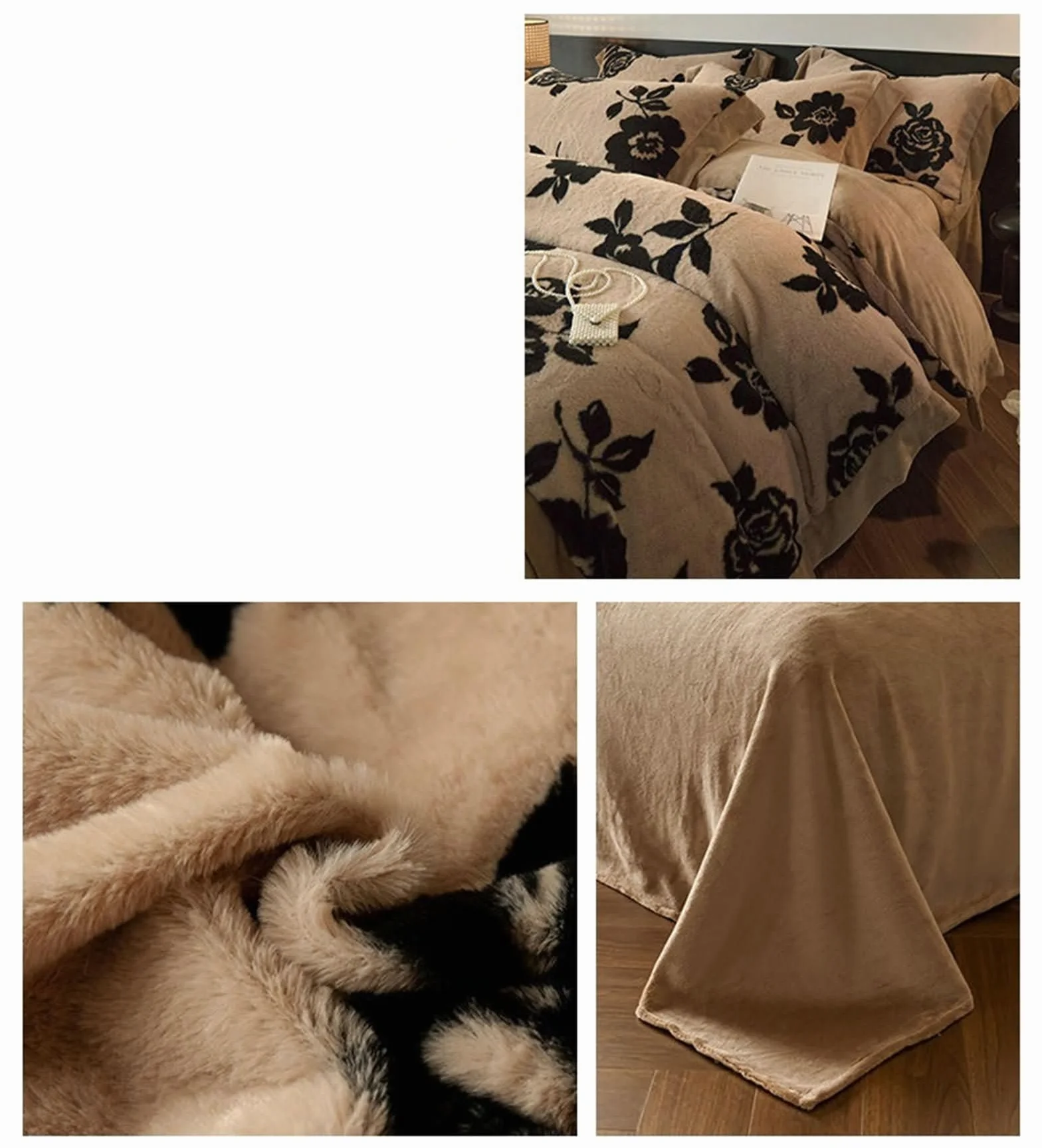 4-częściowy zestaw pościeli, poszwa na kołdrę 200 x 230 cm, prześcieradło z gumką 180 x 200 cm, 2 poszewki na poduszki, gałązki kwiatowe i wzór liści, miękki aksamit, czarno-kawowy