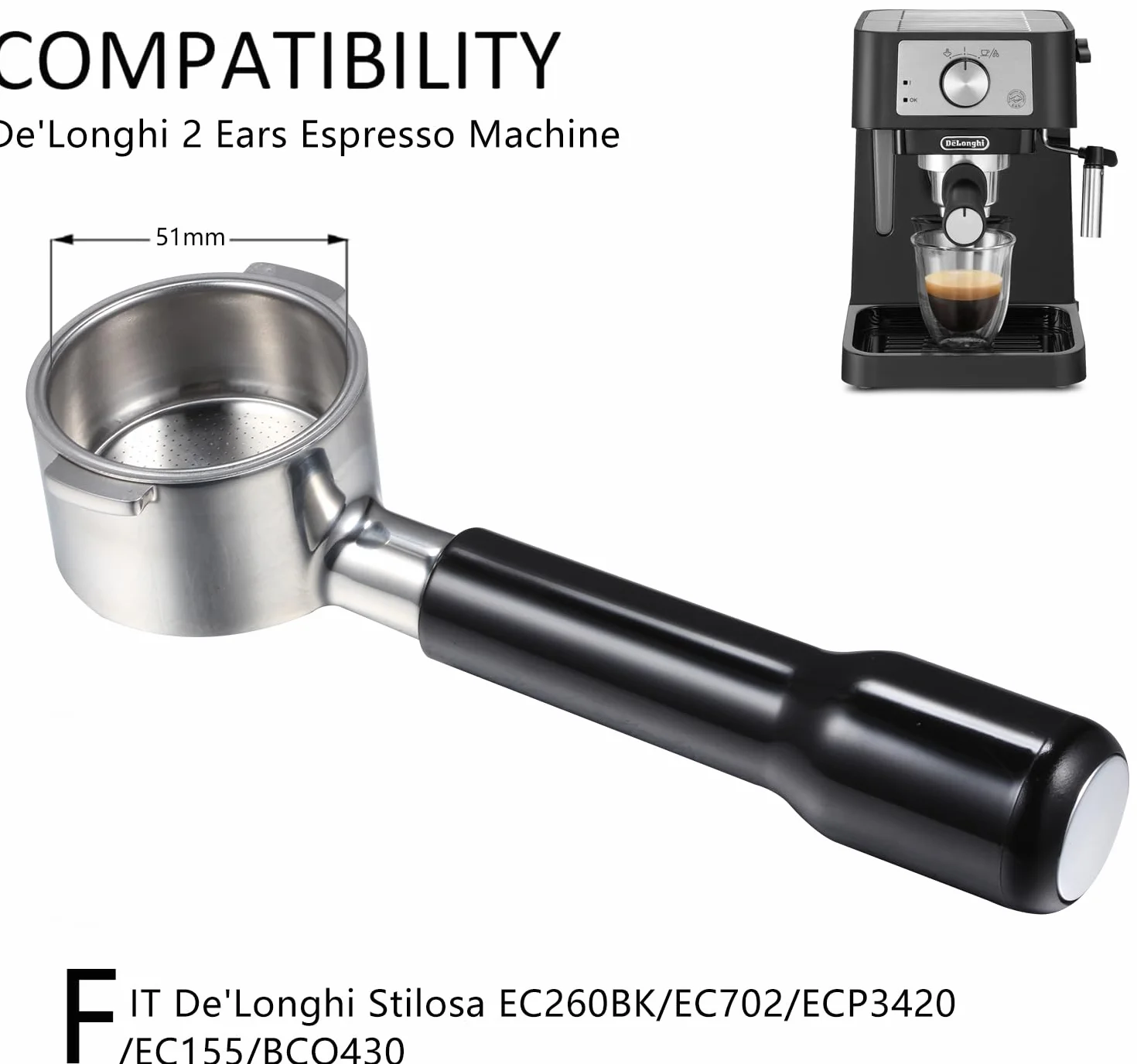 Filtr portafilter 51 mm do Delonghi ECP3420/EC155/BCO430/EC260, 51 mm bezdenny filtr portafilter 2 uszy, części zamienne ze stali nierdzewnej do uchwytu Delonghi