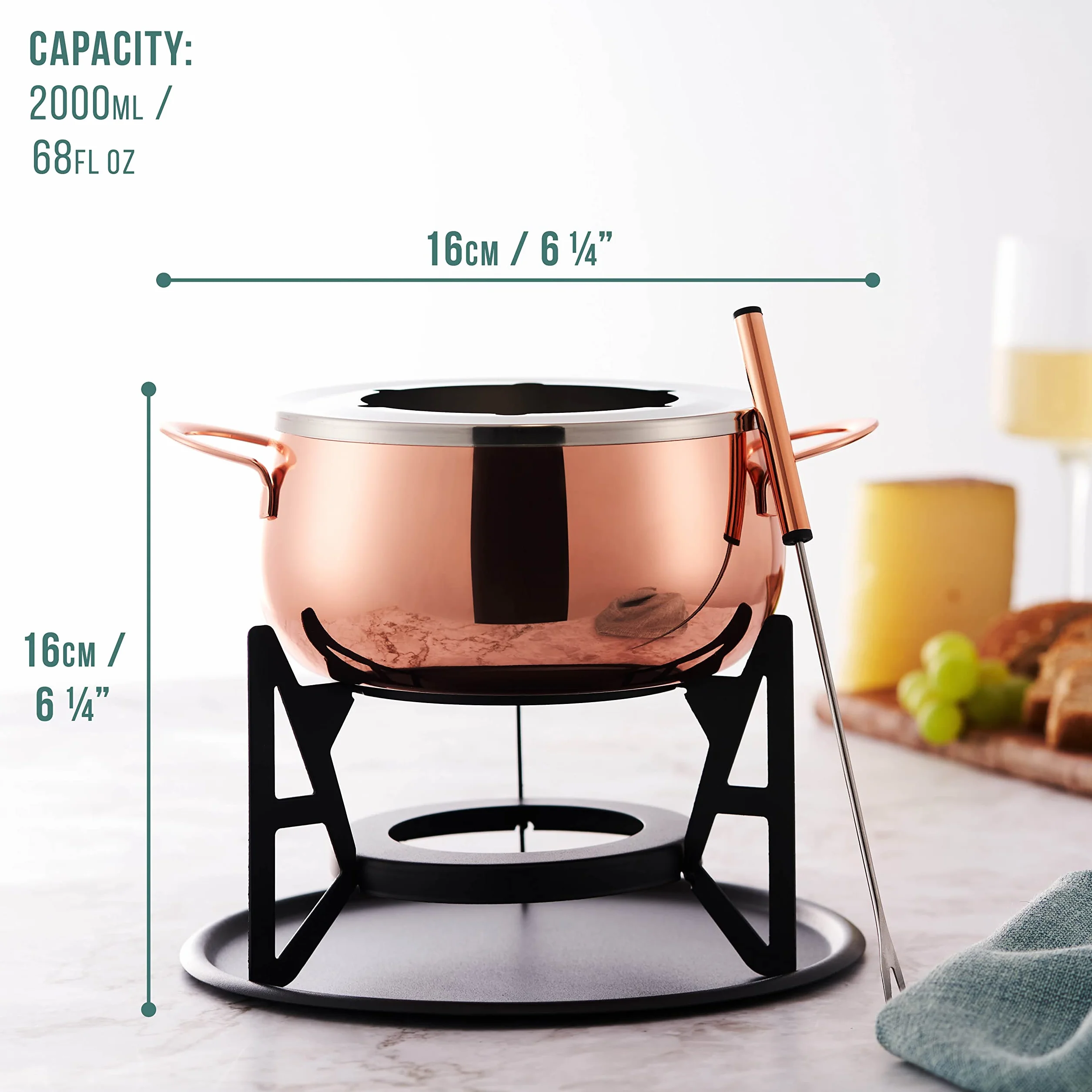 Dąb & Steel - 10 sztuk zestaw do fondue ze stali nierdzewnej, różowe złoto/miedź z pudełkiem prezentowym - czekoladki, Burgundia, ser, Savoyarda i mięso - prezent świąteczny