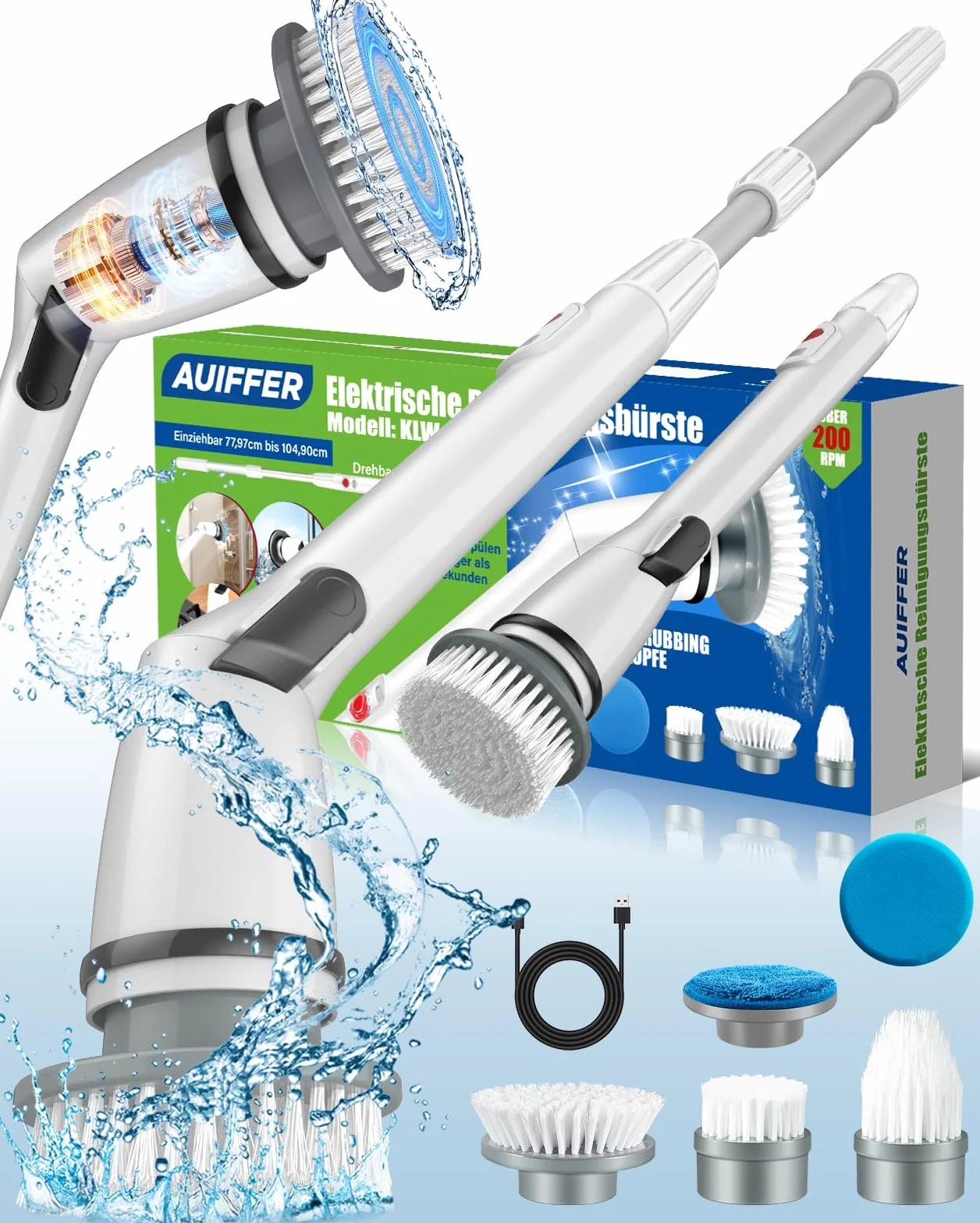 Elektryczna szczotka do czyszczenia, 360° z 5 głowicami, 1 ramię przedłużające i 1 adapter, elektryczna szczotka do czyszczenia domu do łazienki i kuchni