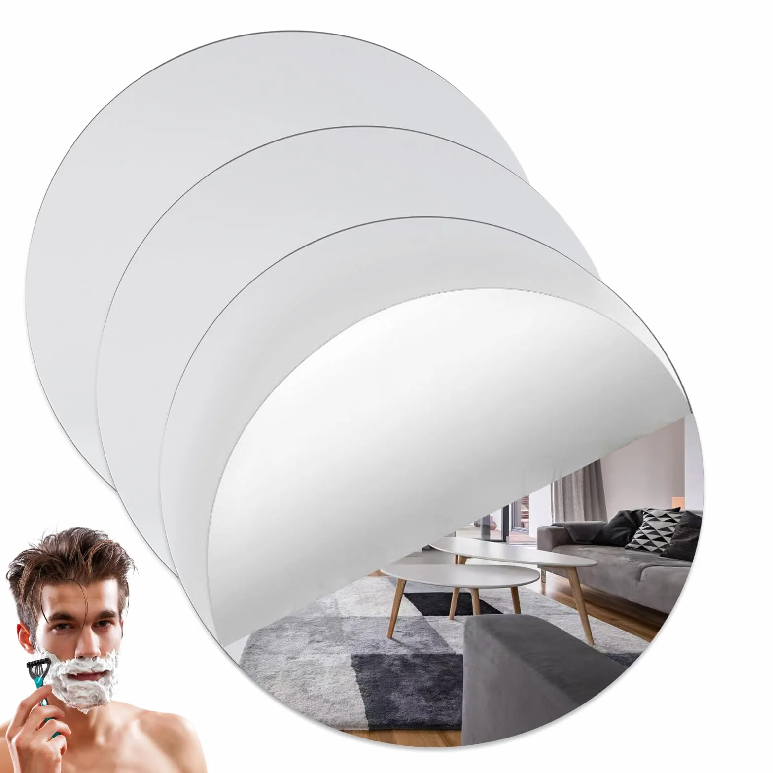 VOSSOT 3 sztuki okrągłe lustro samoprzylepne, 20 cm akrylowe lustro prysznicowe, płytki lustrzane samoprzylepne do łazienki, salonu, szklane lustro do naklejania, lustro ścienne do sypialni okrągłe