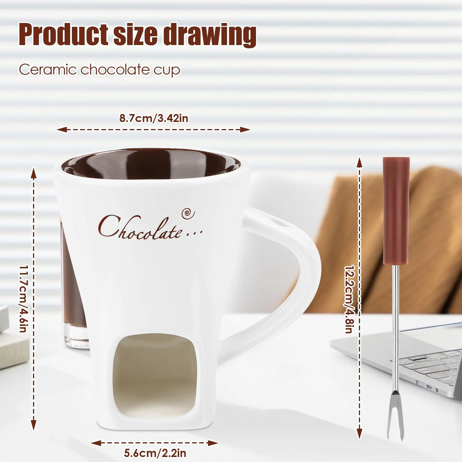 Wvu & Wvo 200 ml ceramiczny zestaw do fondue czekoladowego, kubek do topienia czekolady, fondue, widelec i podgrzewacz, do sera, czekolady, masła, karmelu