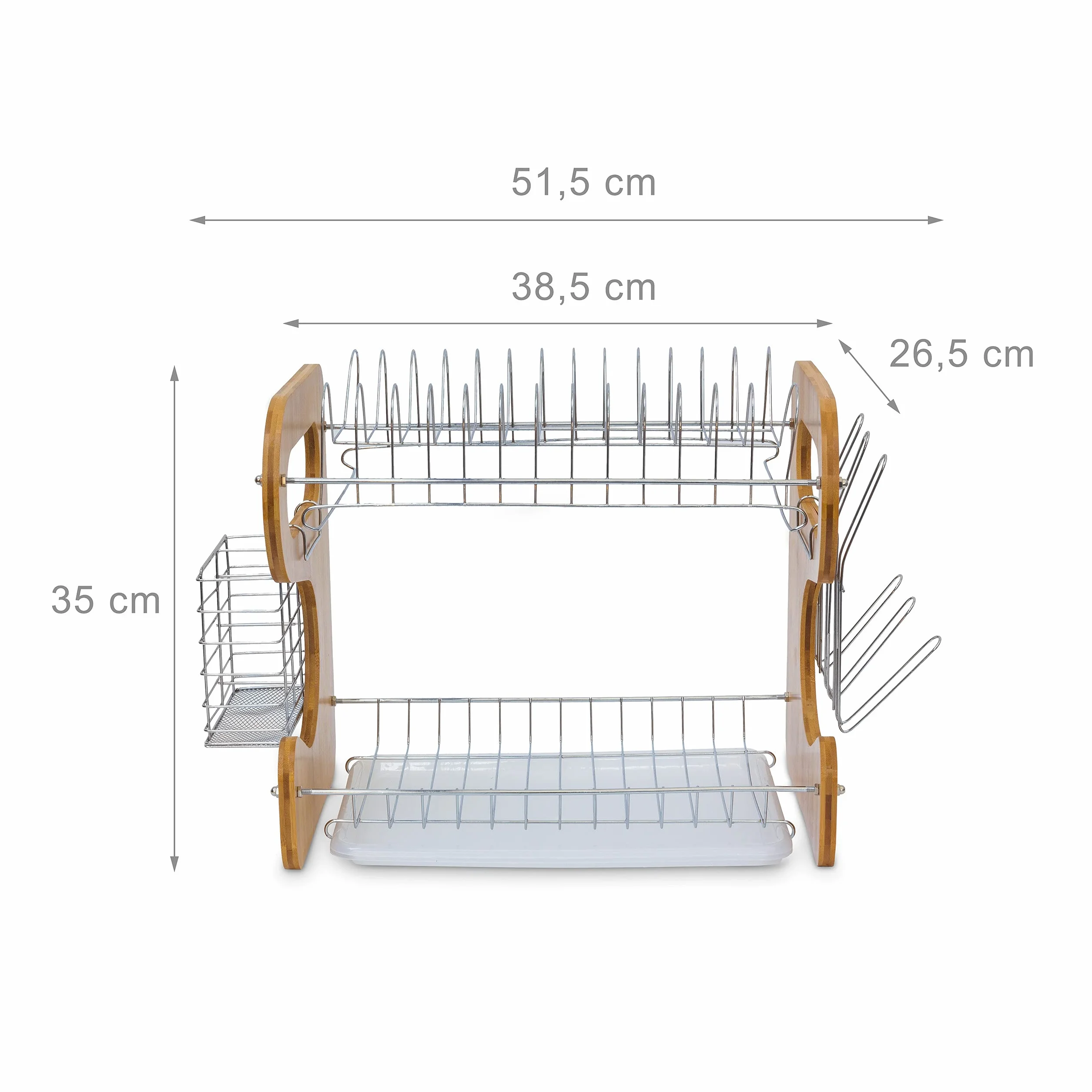 Relaxdays Opróżnianie 2 poziomy duży stojak kuchenny bambusowa taca ociekowa i kosz na sztućce ociekacz do naczyń metalowy, brązowy/srebrny, 26,5 x 40 x 33,5 cm