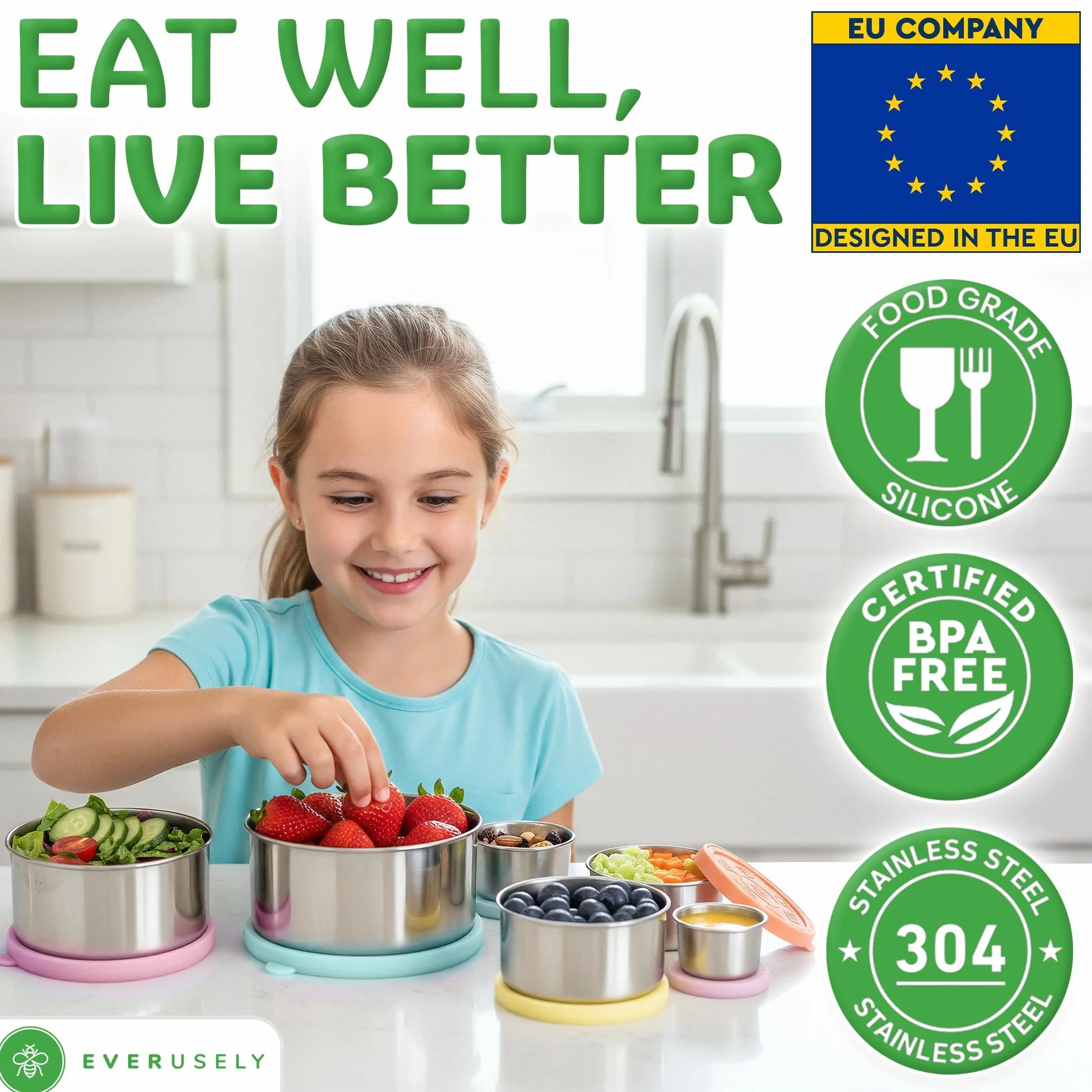 Everusely - Stainless Steel Containers with Lids - Set of 6, Bright Collection - Leakproof Stainless Steel Food Containers - Nesting Snack Holders