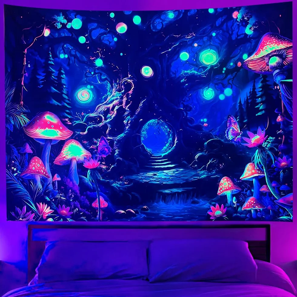 Cyiecw Dywan ścienny Aesthetic w świetle UV, Reaktywny UV na Podłodze Dywan z Grzybami i Drzewem życia, Dekoracja Gobelinem, Fluoryzujące Rośliny, Las, Dywan ścienny, Dekoracja Salonu (200 * 150cm)