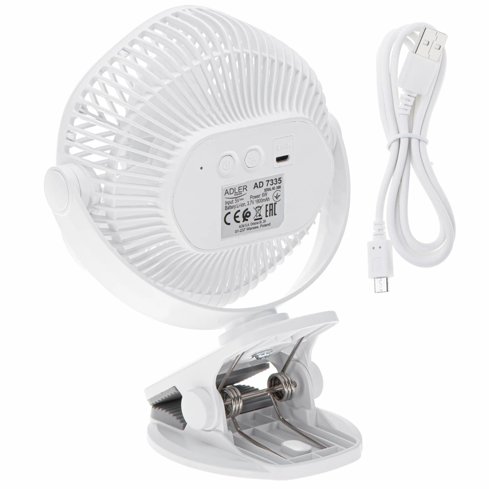 ADLER EUROPE Wentylator stołowy z akumulatorem i zaciskiem - Wentylator USB z oświetleniem LED - 3 prędkości i możliwość obrotu o 360° - Wentylator z zaciskiem 15,3 x 10,5 x 19,9 cm - Biały