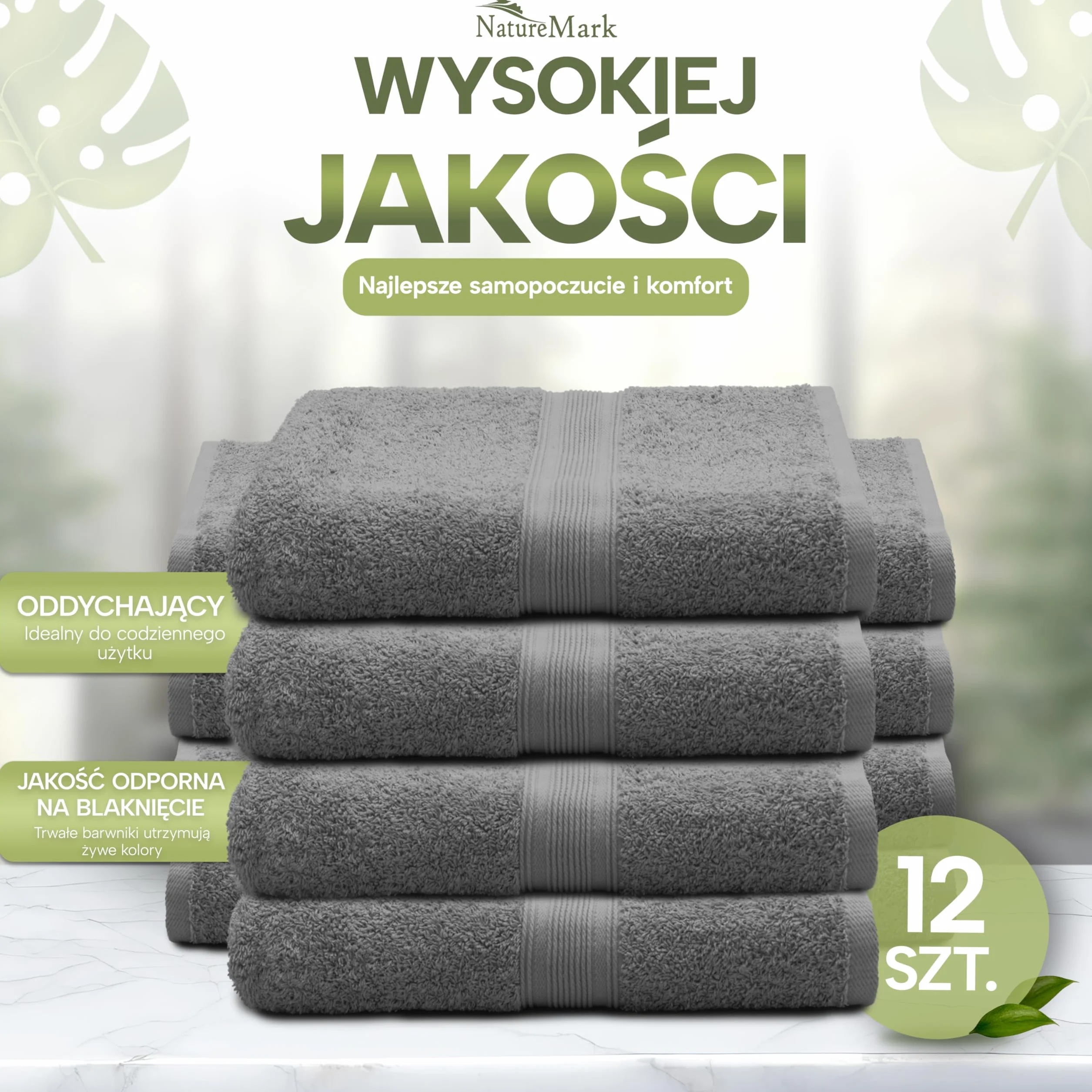 NatureMark Ręczniki gościnne – Zestaw 12 sztuk (30x50 cm), 100% bawełna, certyfikat Oeko-Tex, miękkie, chłonne i łatwe w pielęgnacji – Do łazienki, dla gości i spa – Kolor Antracyt/Szary