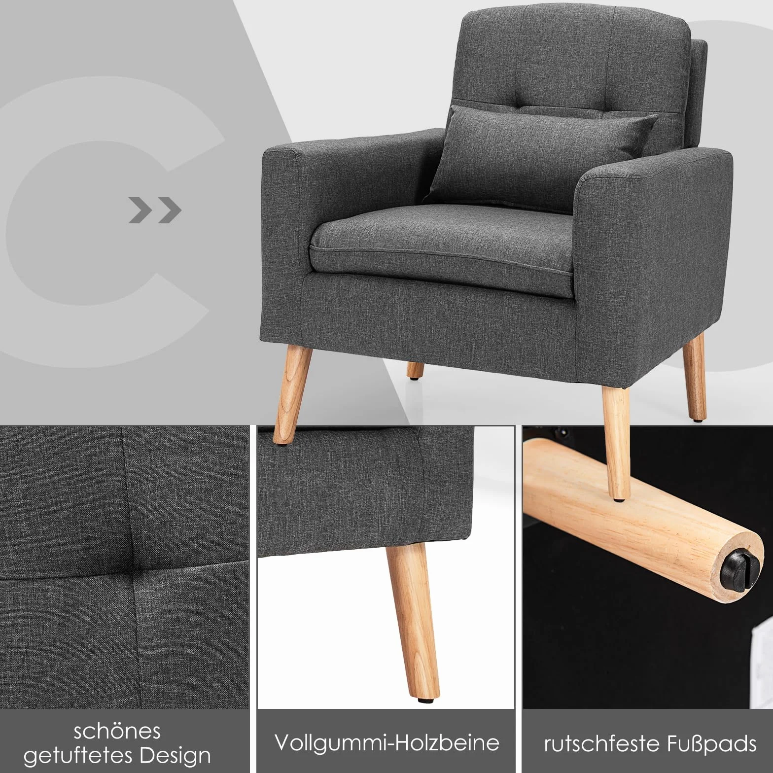 COSTWAY Fotel relaksacyjny z podłokietnikami i poduszką pod plecy, pojedyncza sofa tapicerowana, fotel telewizyjny, szary, fotel klubowy do salonu, sypialni i biura, JV10104GRDE