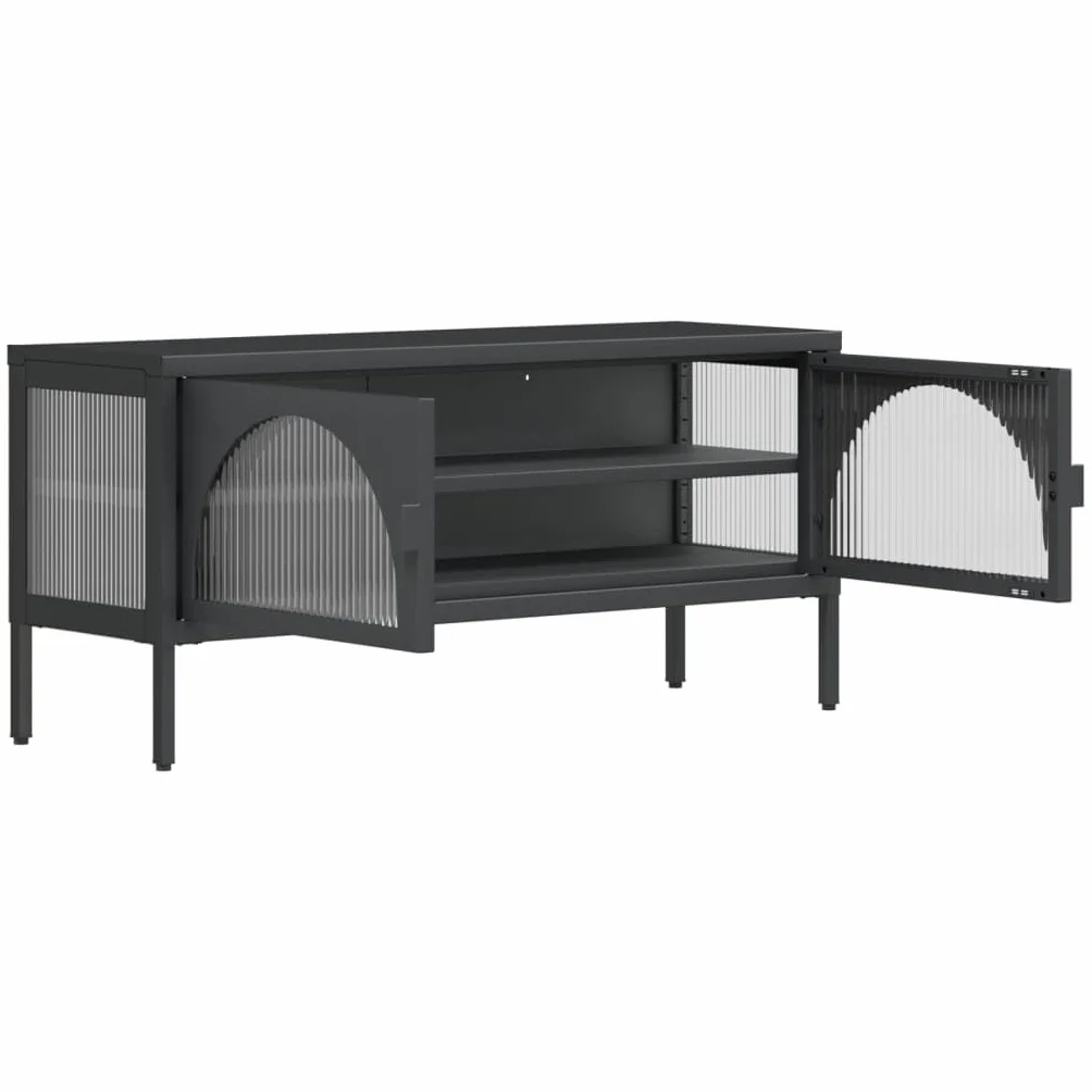 Szafka pod telewizor, czarna, 105 x 35 x 50 cm, szkiełko, stal malowana proszkowo, nowoczesna, do salonu, konsola multimedialna