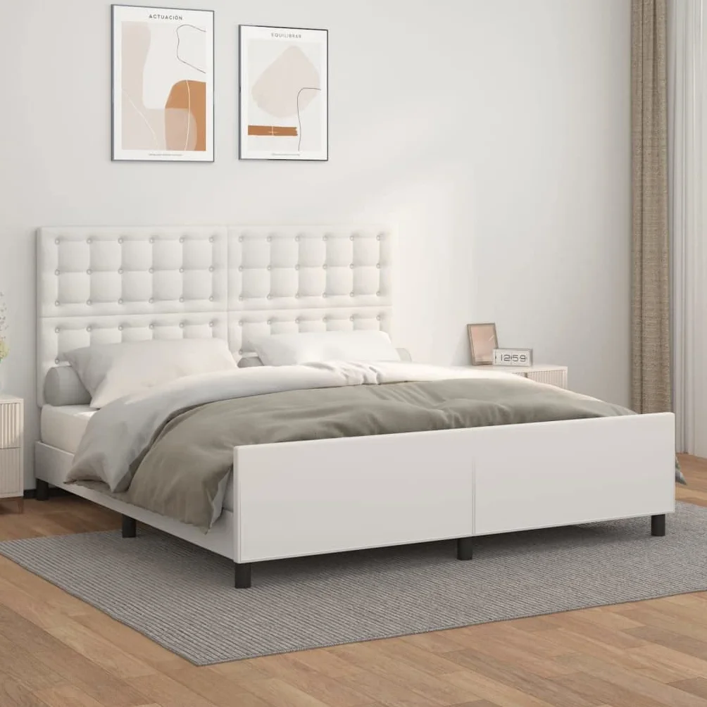 Sztuczna skóra z regulowanym zagłówkiem 160x200 cm biały | Rama łóżka z zagłówkiem biała 160x200 cm sztuczna skóra regulowana wysokość stabilna nóżki