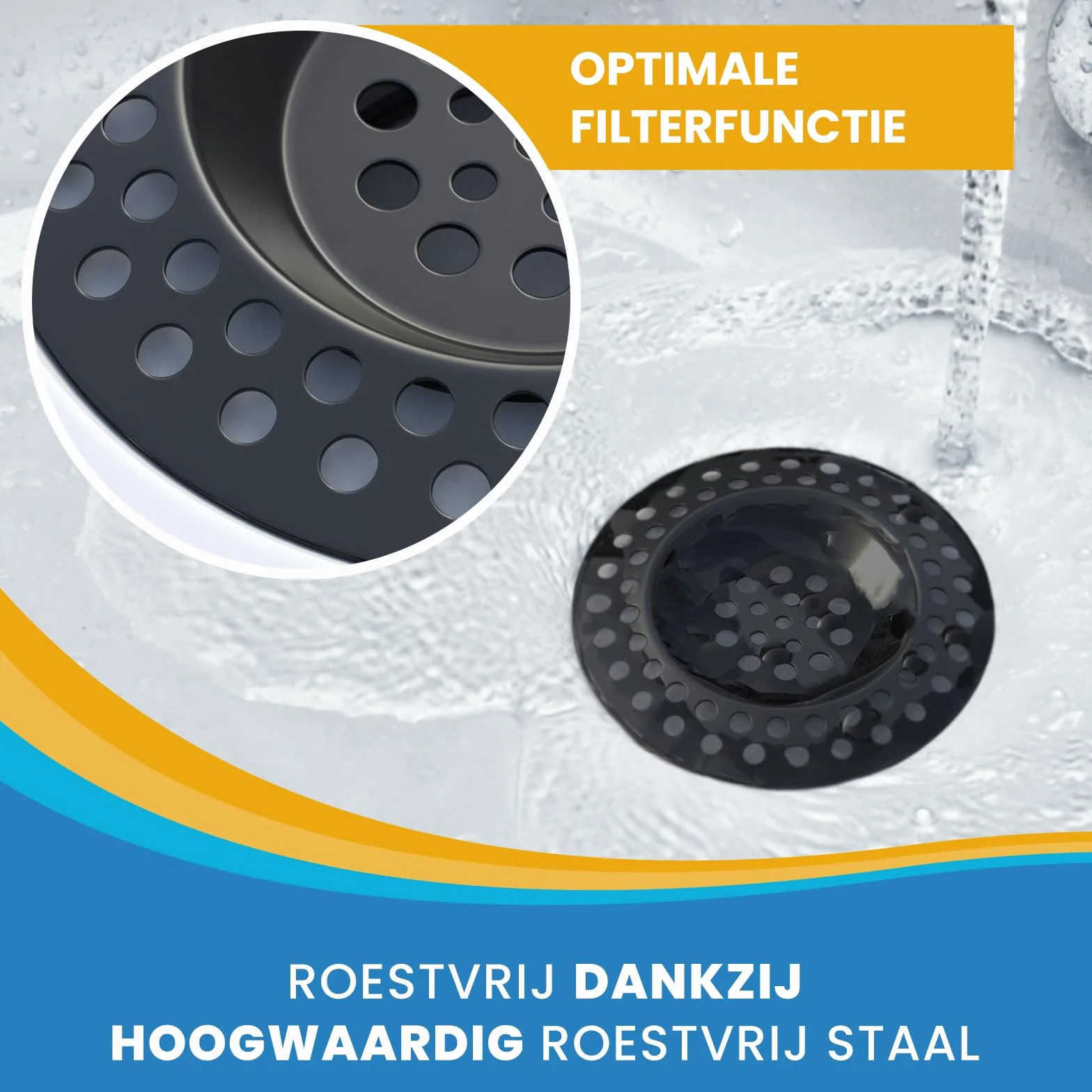 Zestaw 2 sitek do odpływu ze stali nierdzewnej - Sitko do zlewu Deluxe - Elastyczne sitko do włosów - Czarny