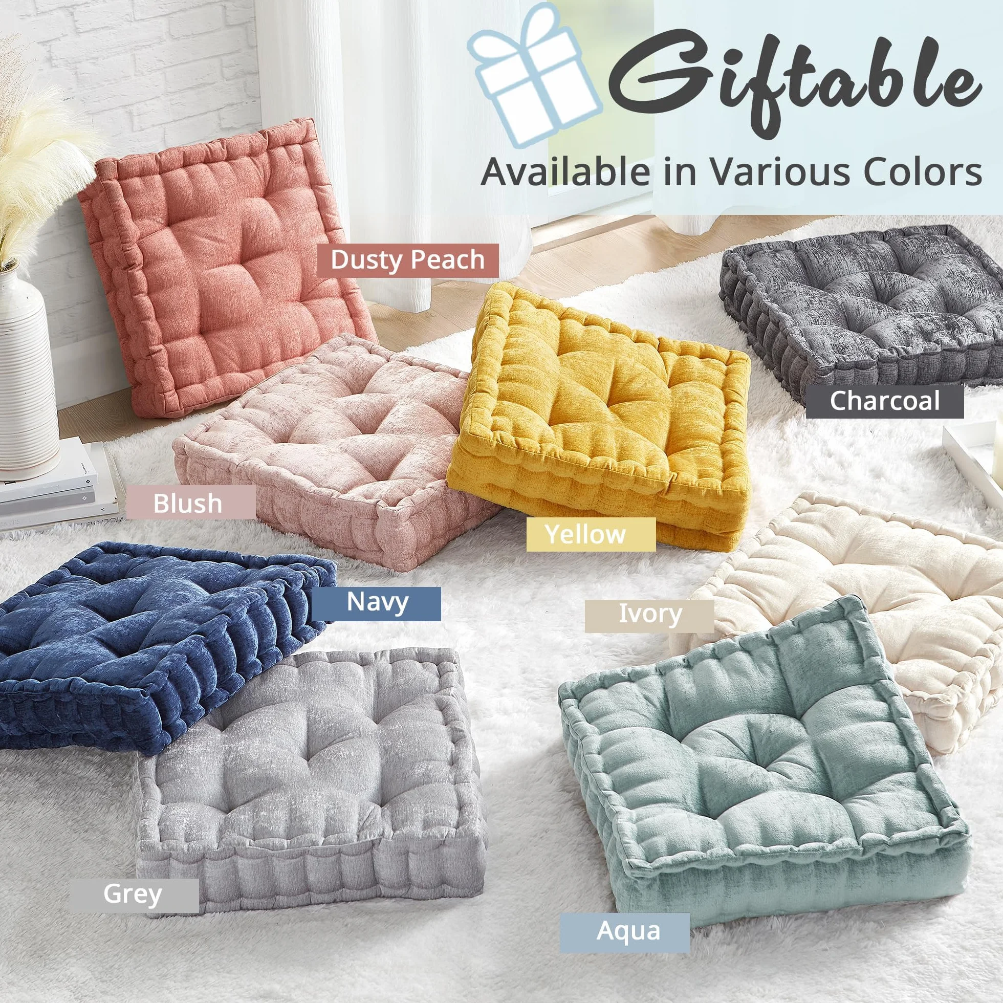 Intelligent Design Azza Floor Pillow, Large Cushions Sitting for Adults, Floor Pillow for Meditation or Yoga, Lustrous Chenille Tufted with Scalloped Edges for Bench/Chair Cushion, 20"x20"x5" Aqua